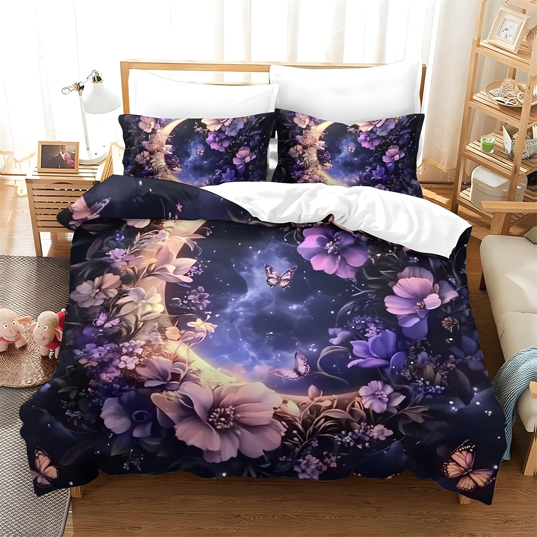 Housse de couette 140x200 papillon lunaire parure de lit microfbre violette QF795