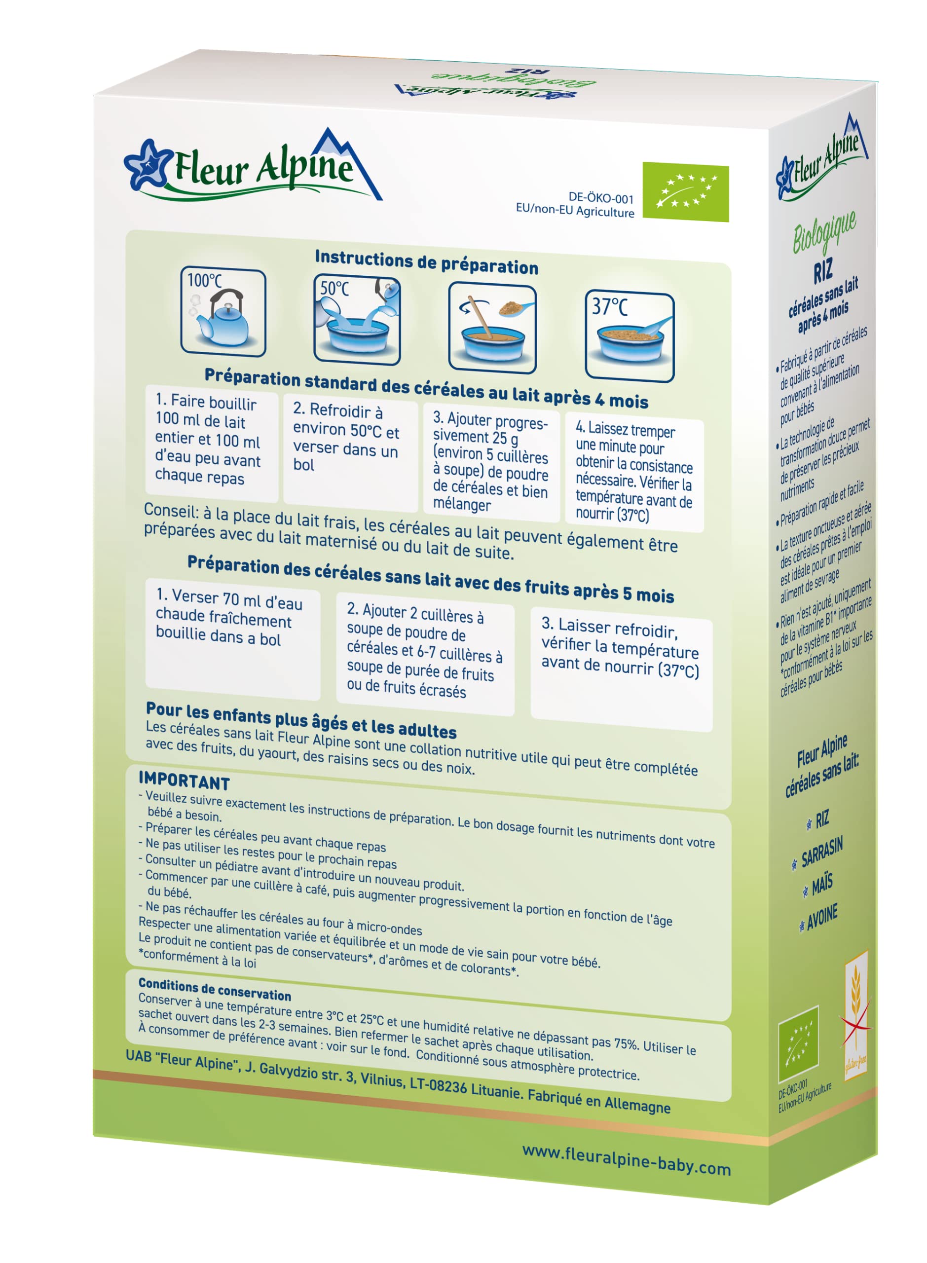 FLEUR ALPINE Bouillie Bébé | Lot de 2 Céréales pour Bébés au Riz Biologique - Bouillie de Délicieux Petits Déjeuners | Porridge Nutritif sans Gluten 4+ Mois sans Sucres Ajoutés | 2x7 Portions