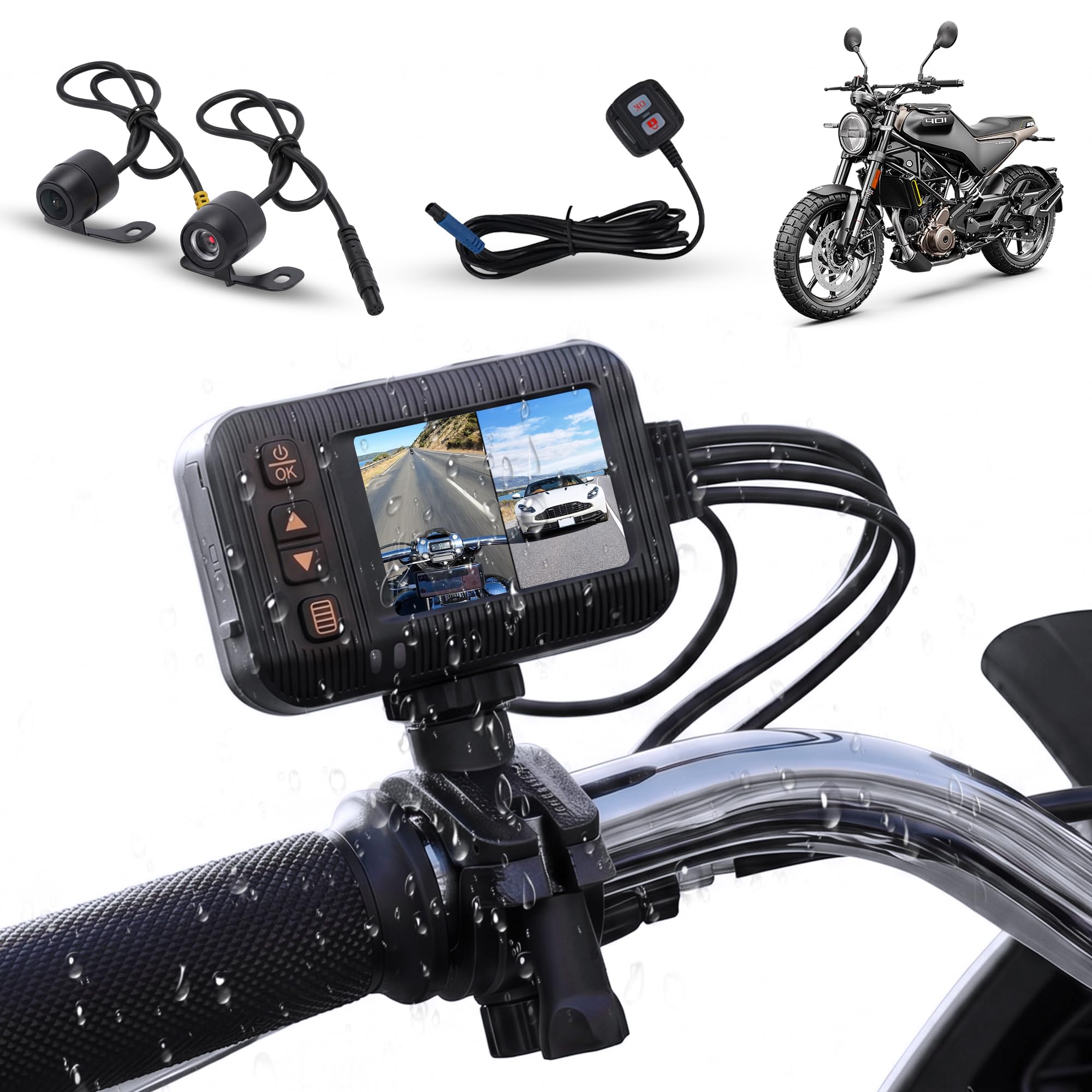 Rimoody Dashcam per Moto 1080P con Due Telecamere, 2" Schermo, Telecamera a Doppia Lente Anteriore e Posteriore, IP67 Impermeabile, Visione Notturna, G-Sensor, Loop Video, Monitoraggio di Parcheggio