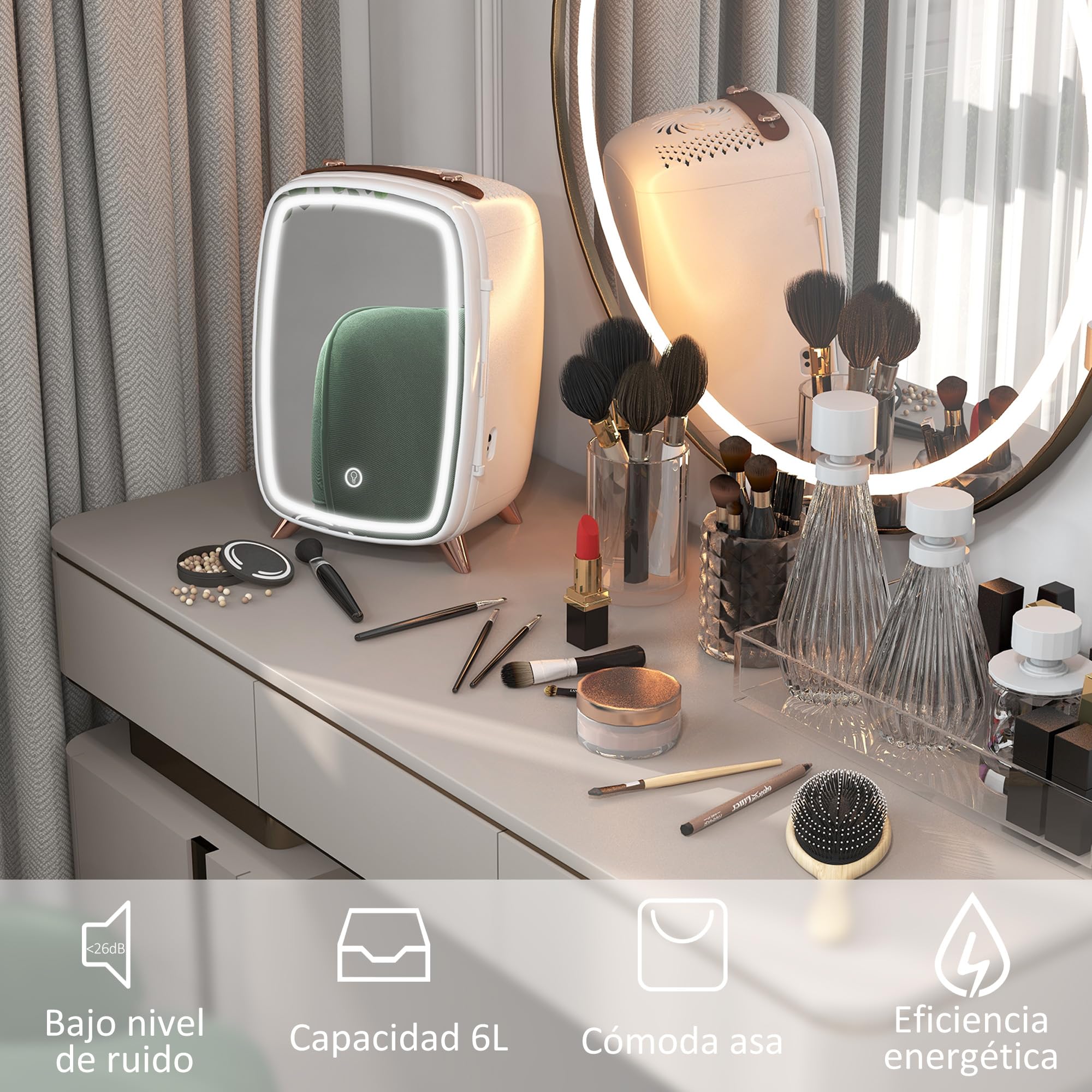 HOMCOM Nevera para Cosméticos 6L Nevera Pequeña 24,3x19,4x35,6 cm Blanco | 9V para Enfriar, Puerta con Espejo, Luces LED Ajustable en 3 Niveles, Mini Frigorífico para Belleza Maquillaje Bebidas