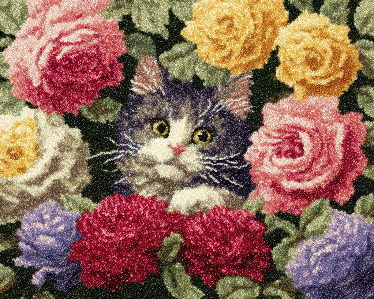 Henypt DIY Latch Hook Rug Kit cat and Roses 55x75cm
