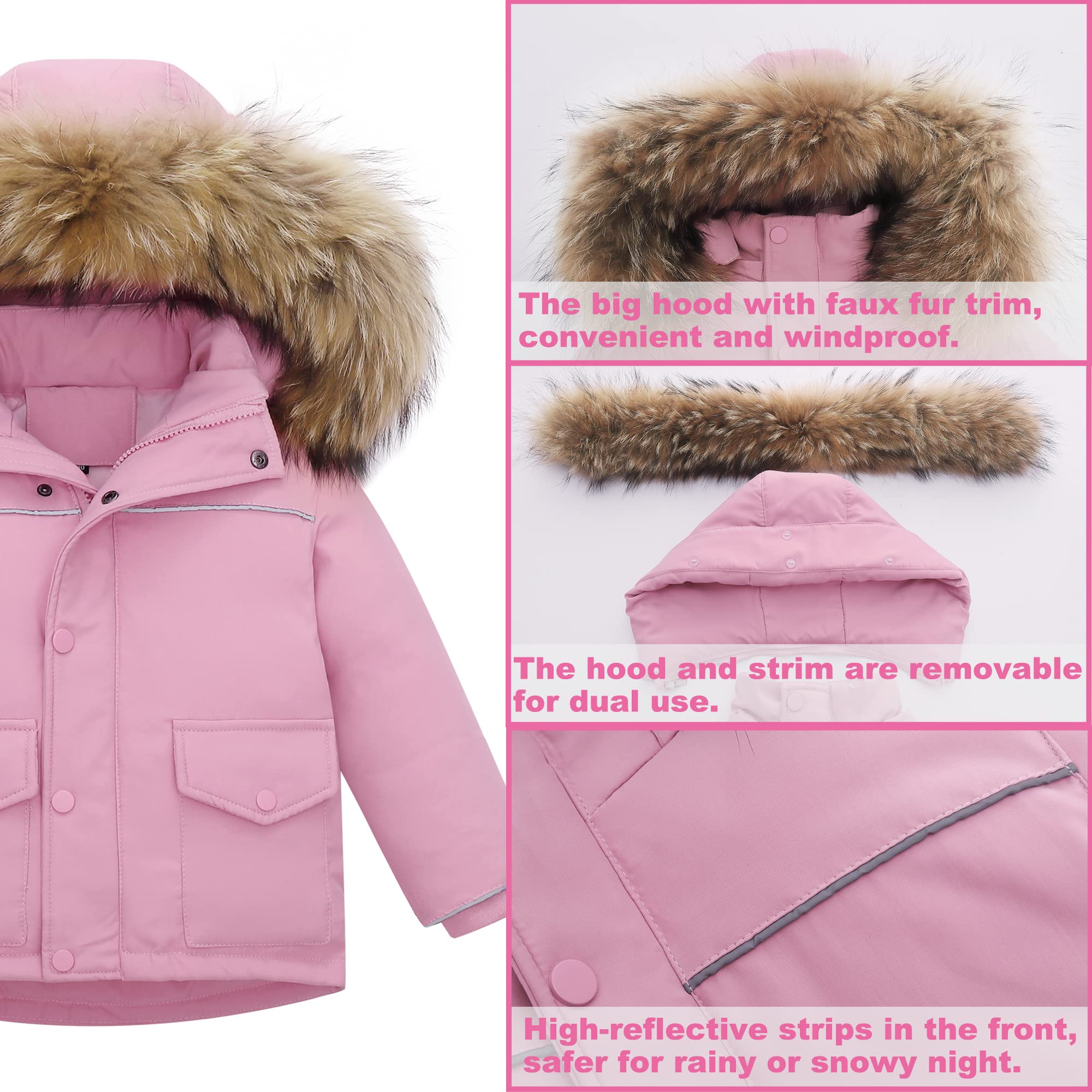 Fewlby Enfant Combinaison de Neige, Doudoune à Capuche + Pantalons de Ski, Fille Garçon 2PCS Ensemble de Combinaison de Ski Manteau de Duvet Salopettes de Ski Hiver Snowsuit
