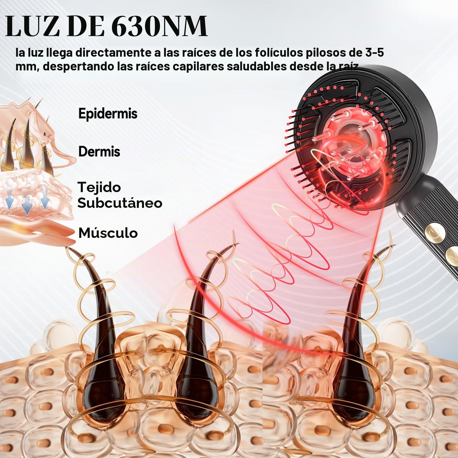 Cepillo de masaje de cuero cabelludo mejorado con luz roja y azul con IPX7, masajeador eléctrico para el cuero cabelludo y el cabello, inalámbrico y portátil (negro)