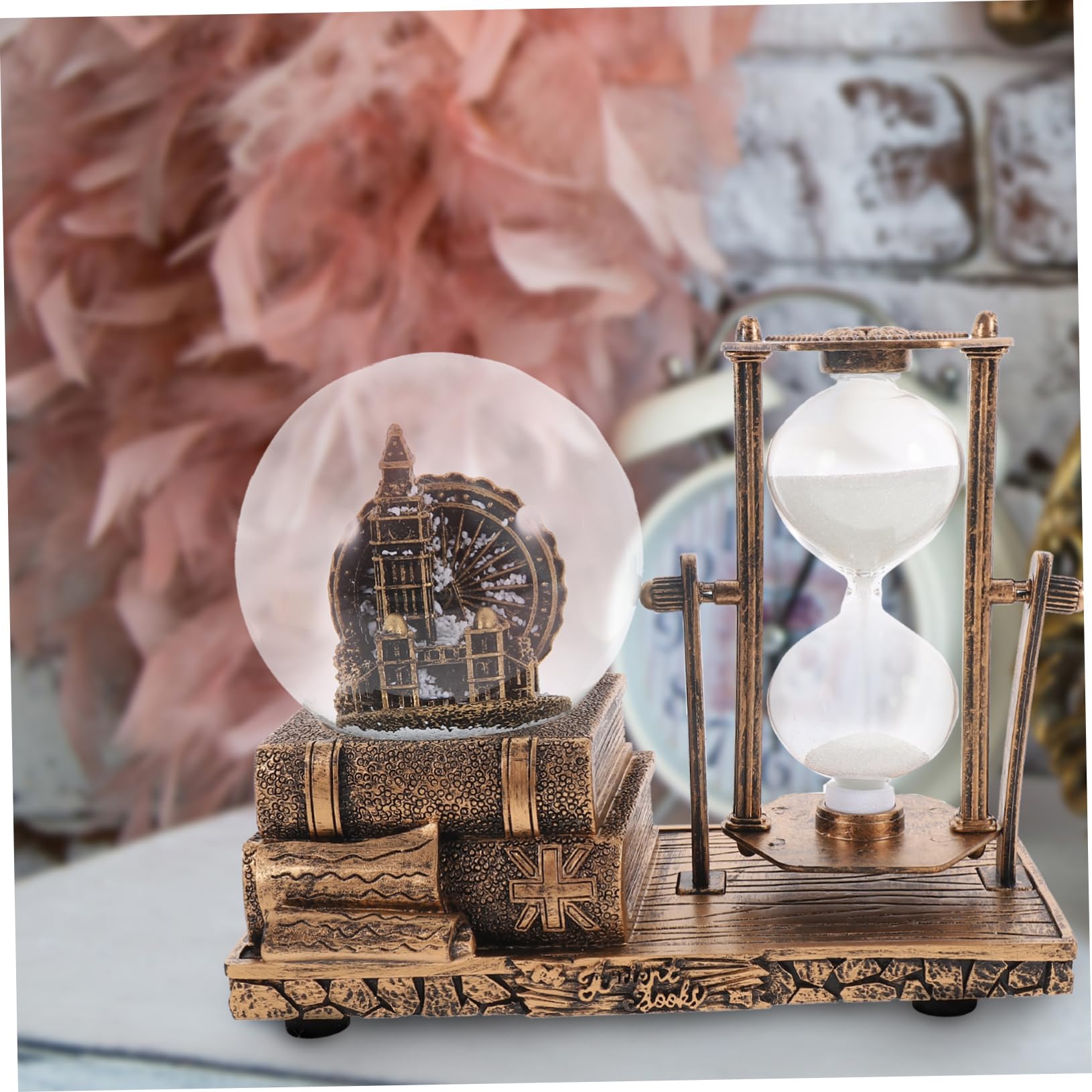 Vintage Tischdekoration Sanduhr Ornament aus Kunstharz mit Kristallkugel LED Licht Musikbox für Wohnzimmertisch Kreative Handgefertigte Wohnaccessoires