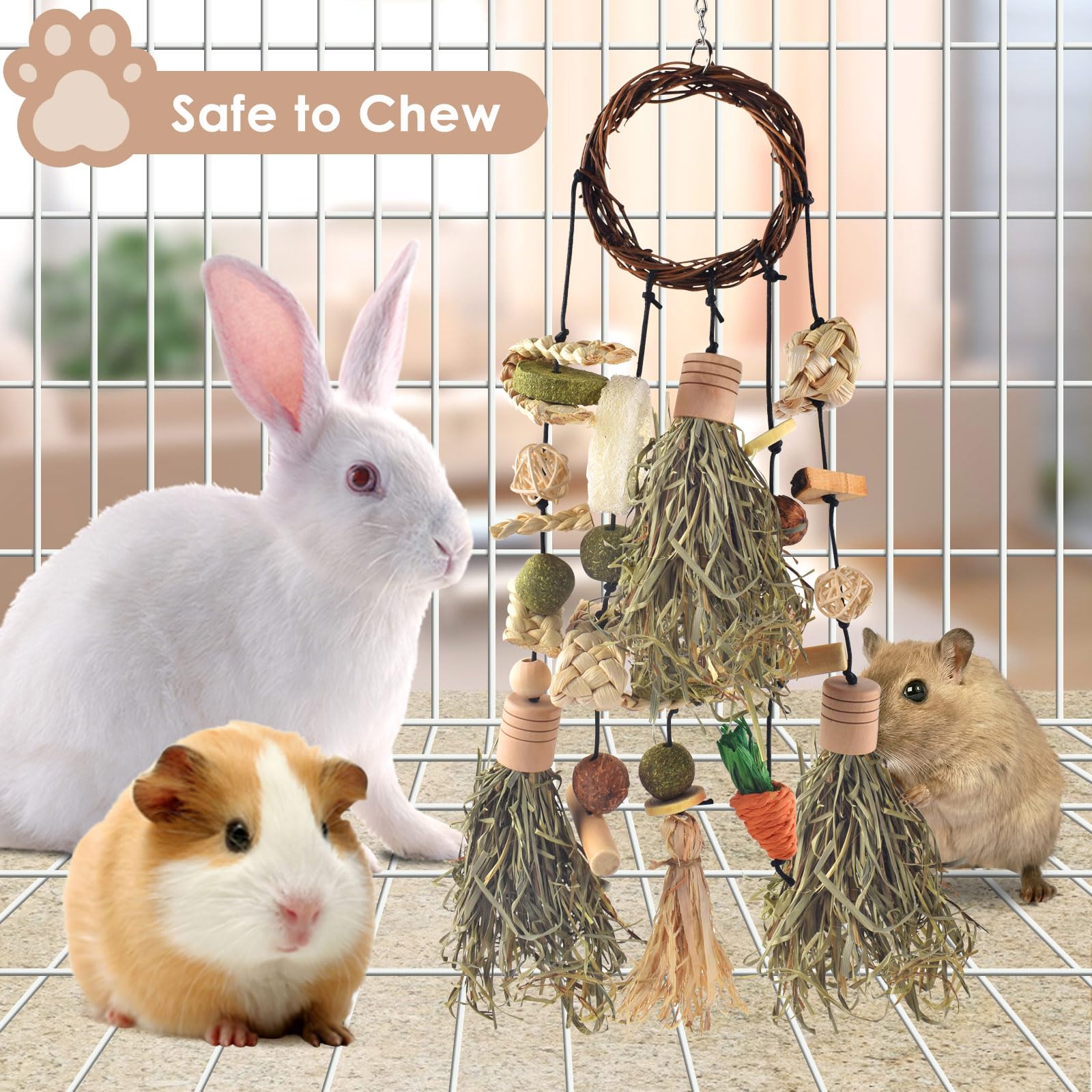 Bissap Kaninchen-Kauspielzeug, Hasenkäfig zum Aufhängen, Kauspielzeug und Leckerlis aus Holz mit Snacks für Meerschweinchen, Chinchillas, Hamster, Ratten und andere kleine Haustiere Zähneknirschen