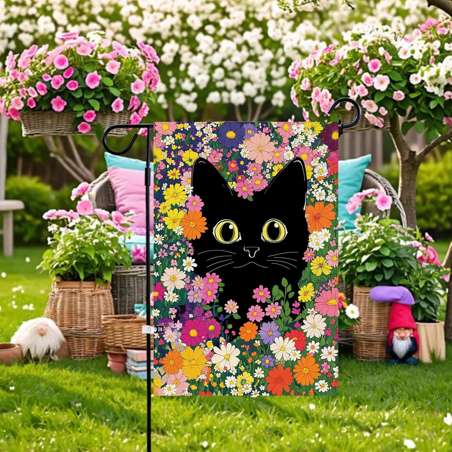 Baccessor Spring Summer Funny Cat Garden Flag Double Sided 12.5 x 18 Inch Funny Black Cat Flower Floral Welcome Small Yard Flag Burlap Seasonal Yard Outdoor Outside Decoration - Image 3