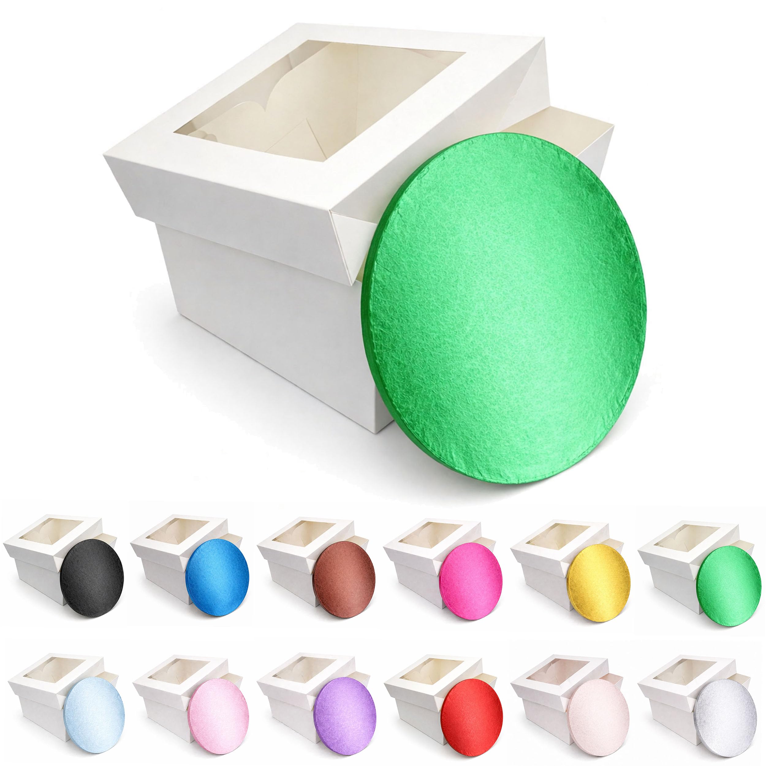 LARRYROO Round Colour Cake Drum Board & White Box with Clear Display Window + Lid Combo Pack for Wedding, Birthday Cakes (Green, 10 Inch)