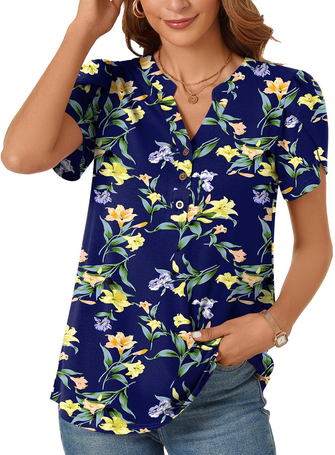 POPYOUNG Womens Plus Size Business Summer Henley Tunic Tops Button Down T-Shirts Petal Sleeve V-Neck Casual Blouses - Image 2