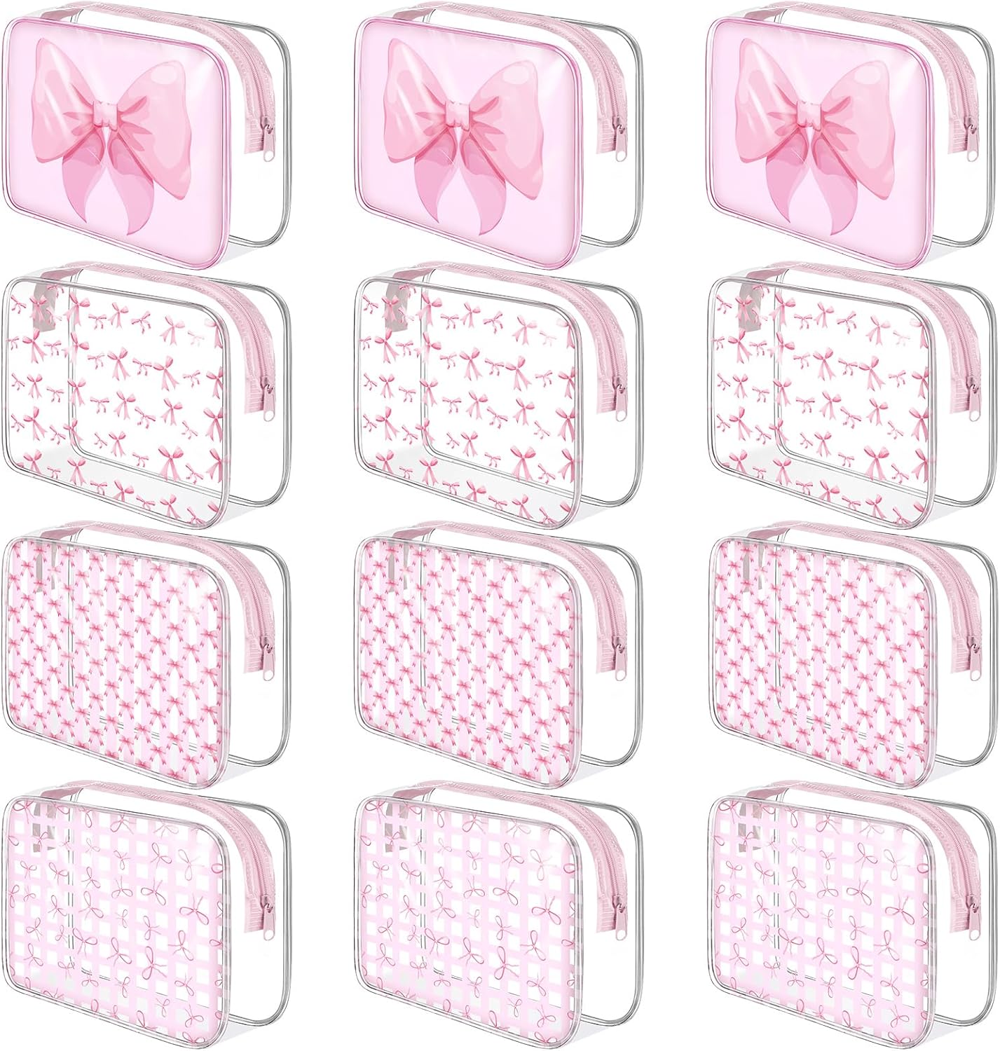 12 Pcs Clear Pink Bow Makeup Bags Bulk for Women PVC Coquette Cosmetic Bag with Zipper Travel Toiletry Pouch Pink Bow Team Gifts for Birthday Coquette Party Favor Storage Accessories