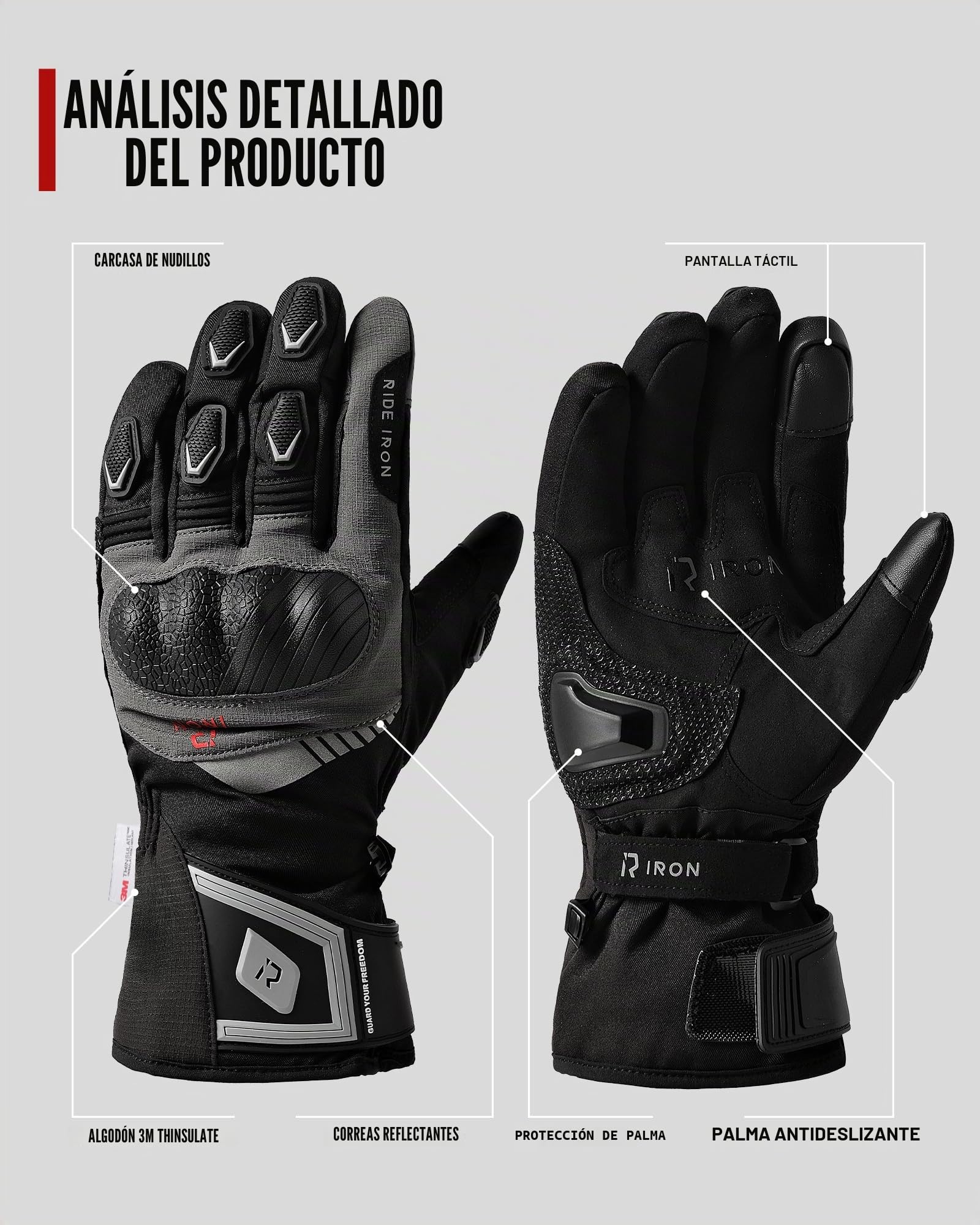 RIDEIRON Guantes Moto Hombre Invierno, Impermeables, con Tecnología 3M, Guantes Moto Touchscreen, Protección y Confort para Conducción en Climas Fríos (Negro, Medium)