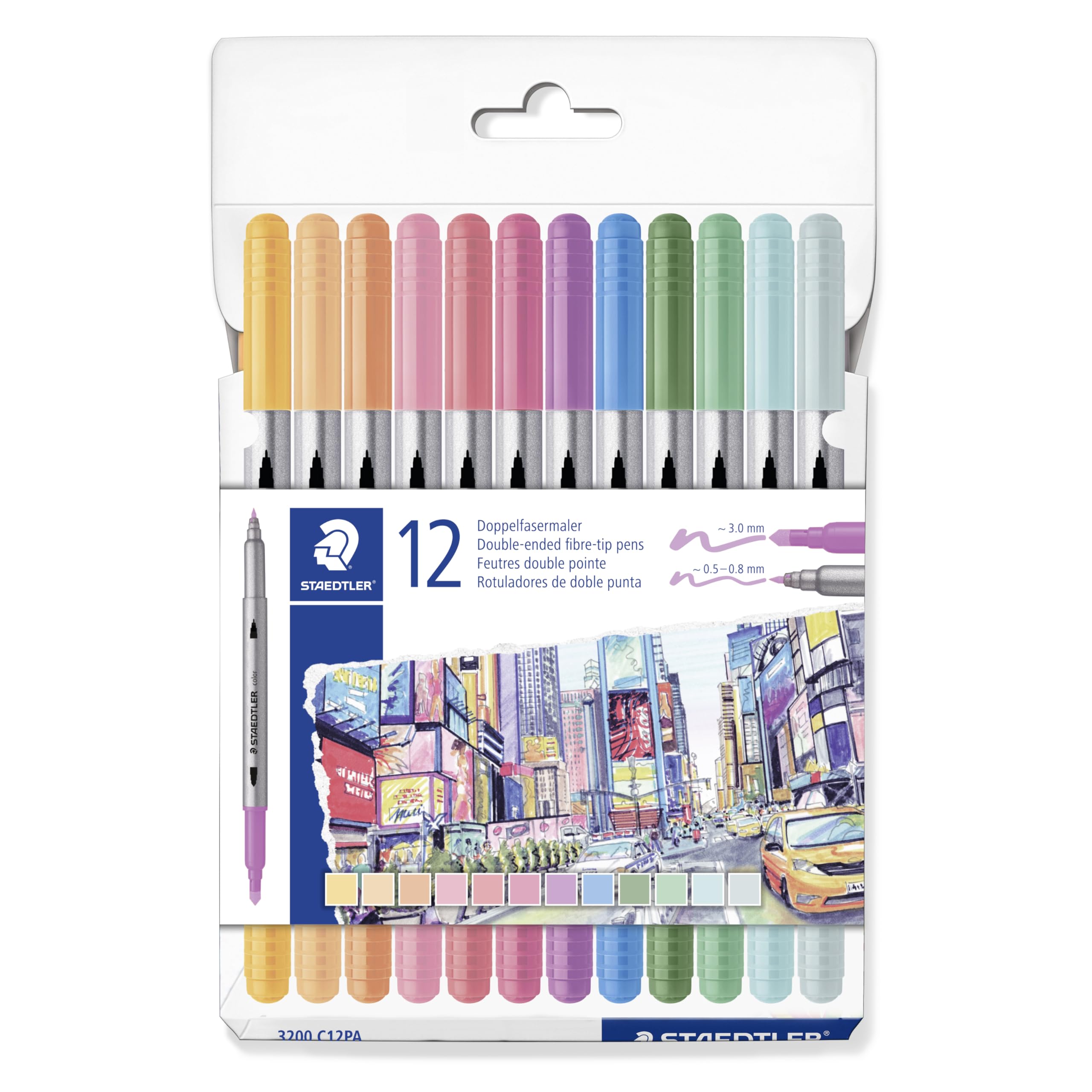 STAEDTLER Rotuladores para colorear Design Journey - Doble extremo, ancho de trazo de 0,5-3,0 mm, 12 colores pastel surtidos, paquete de 12, 3200 C12PA