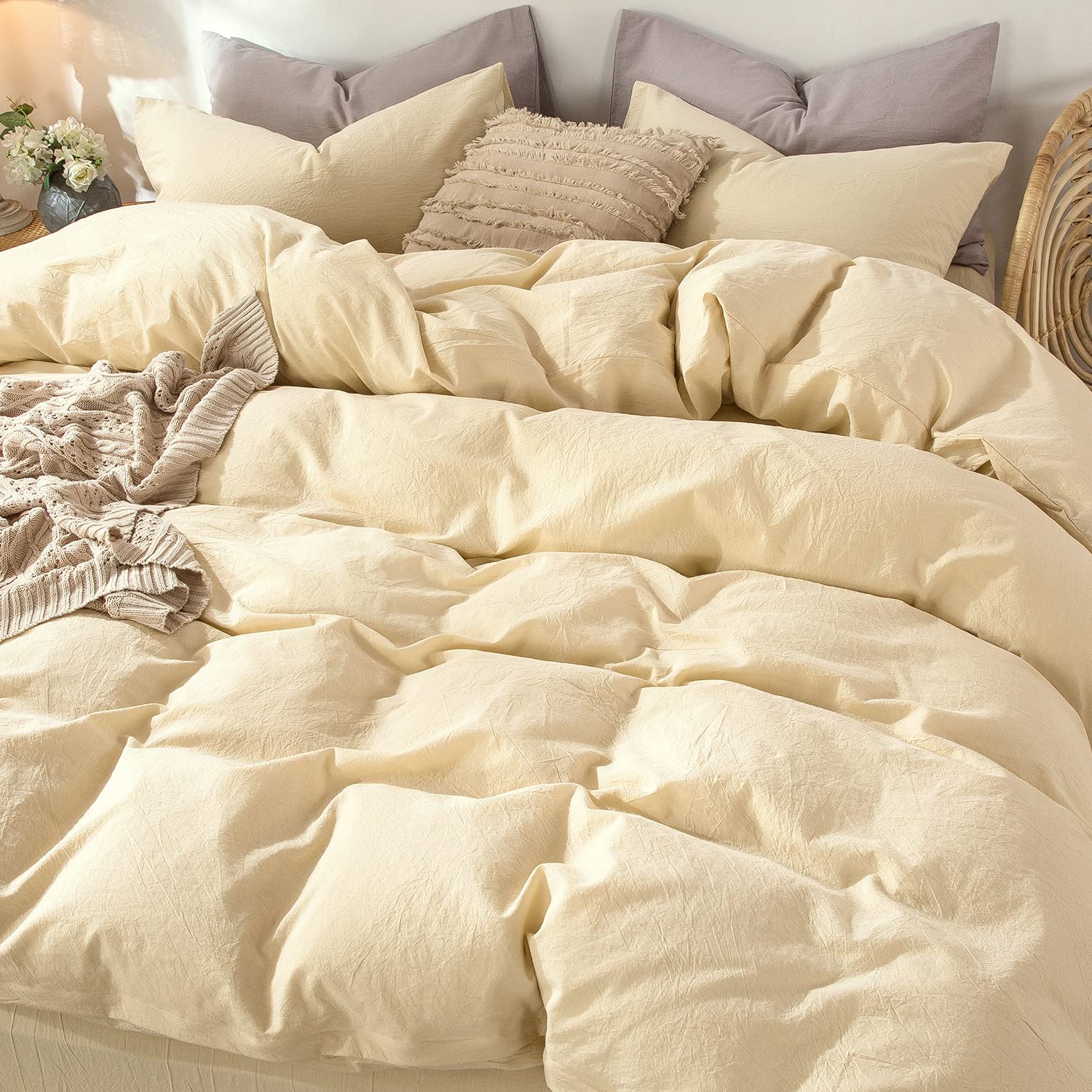 MooMee Bedding Duvet Cover Set 100% Washed Cotton Linen Like Textured Breathable Durable Soft Comfy (Tannish Linen Grey, King) — view 123