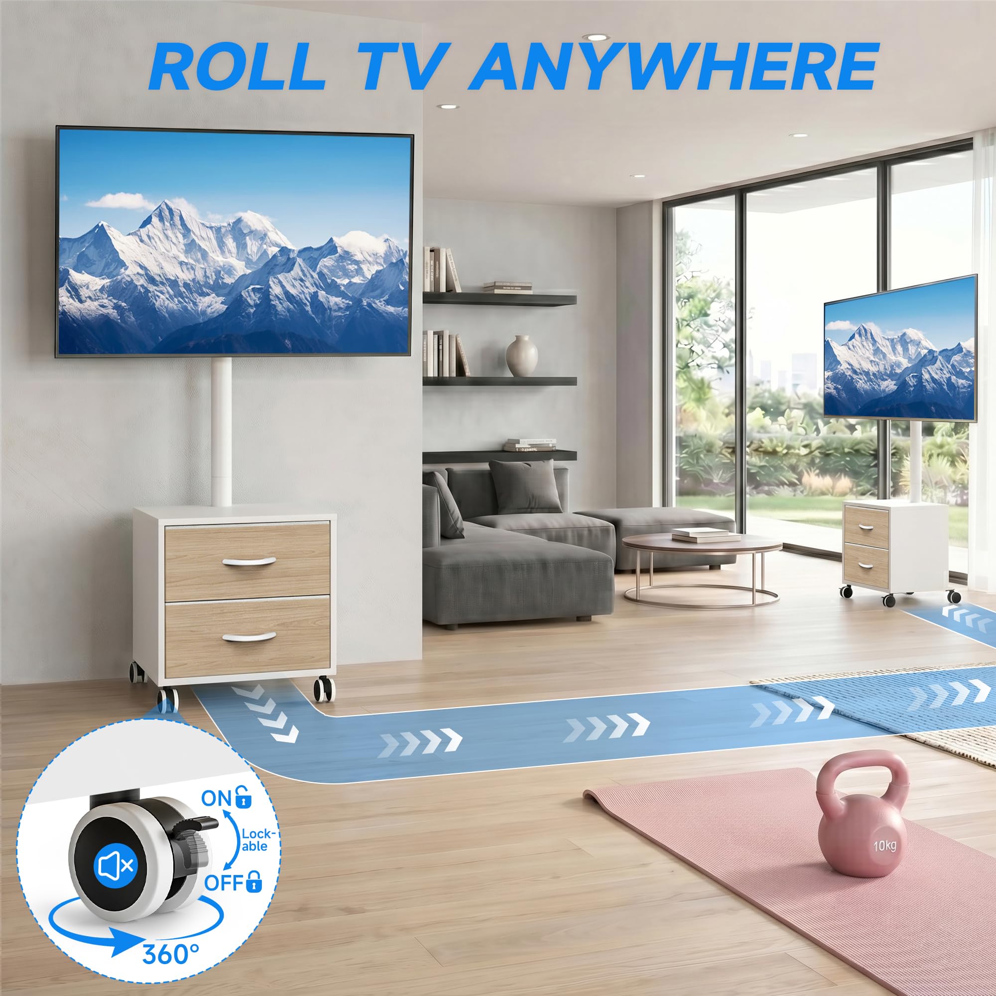 5Rcom Supporto TV bianco su ruote per TV LED LCD OLED al plasma da 32-60 pollici, mobile TV piatto curvo regolabile in altezza con staffa fino a 40 kg, supporto mobile per TV con cassetti max VESA 400