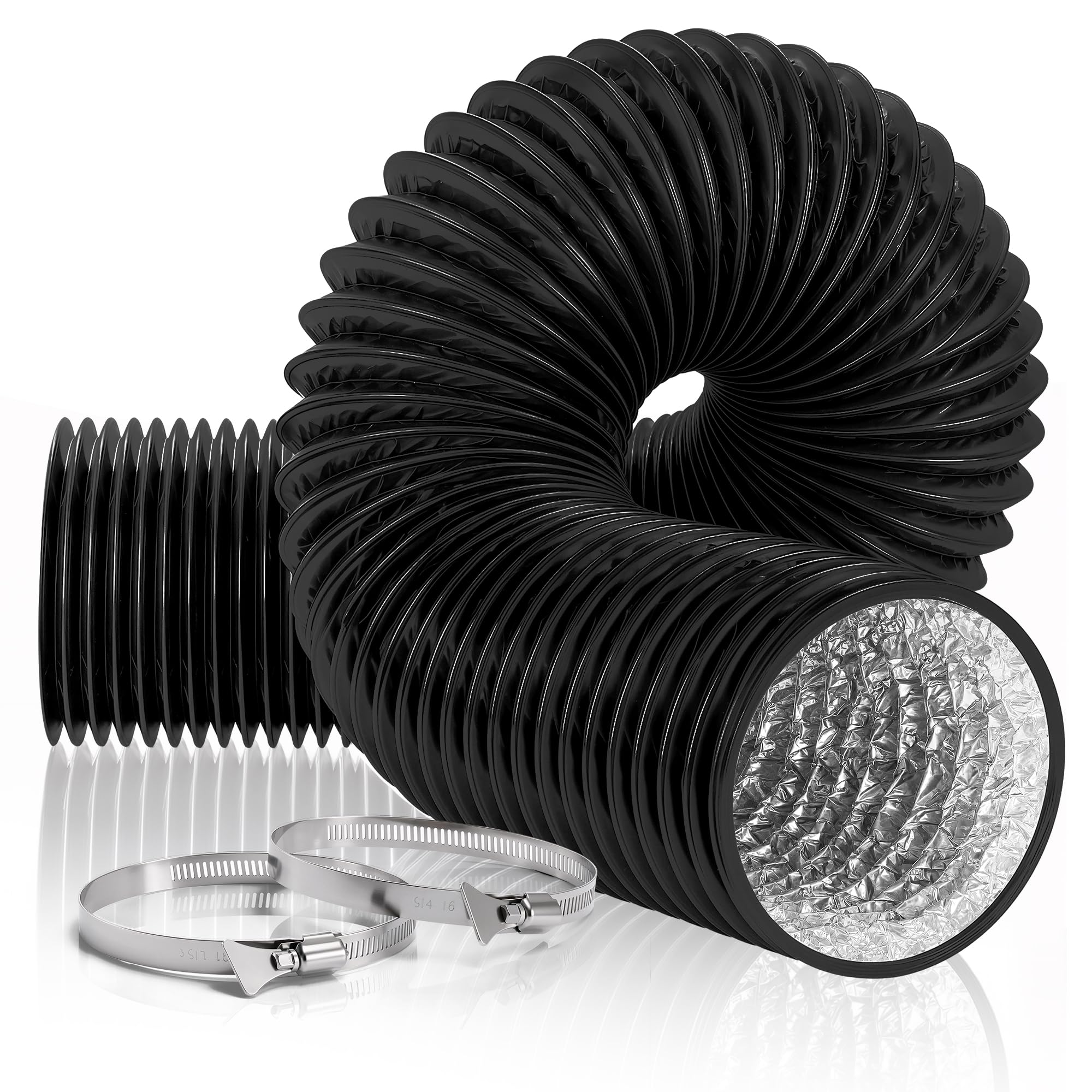 150mm Dryer Vent Hose, 2.4m Flexible Aluminum Dryer Vent Duct with 2 Clamps