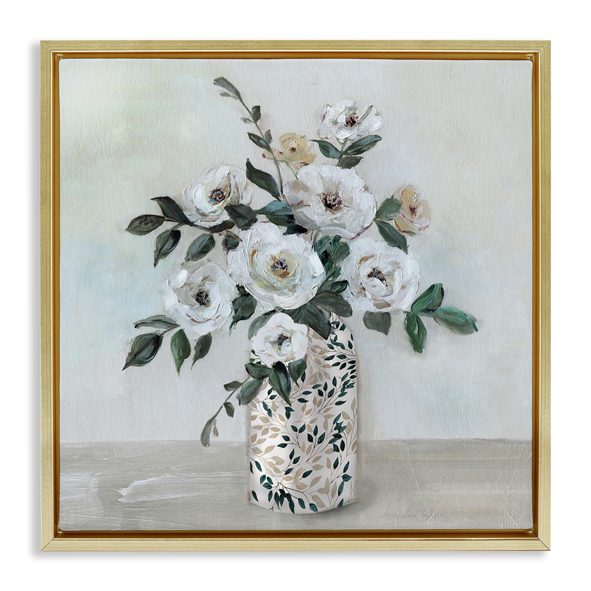 Stupell Industries Metallic Gold (Matte) 'Leaf Patterned Flower Vase', Floating Frame Canvas Art, Gold, 18 X 18 Inches, Easy To Hang And Sturdy, Made In Usa, By Sally Swatland