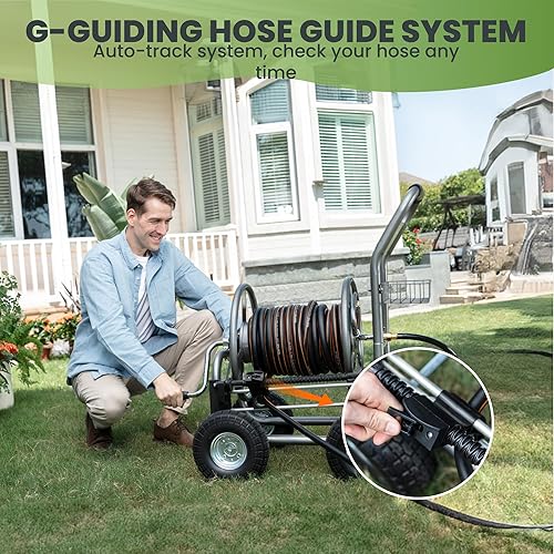 Miniatura 6 de Giraffe Tools Carro de manguera con ruedas  Carrete de manguera industrial resistente para exterior, 250 pies de capacidad de manguera de 58