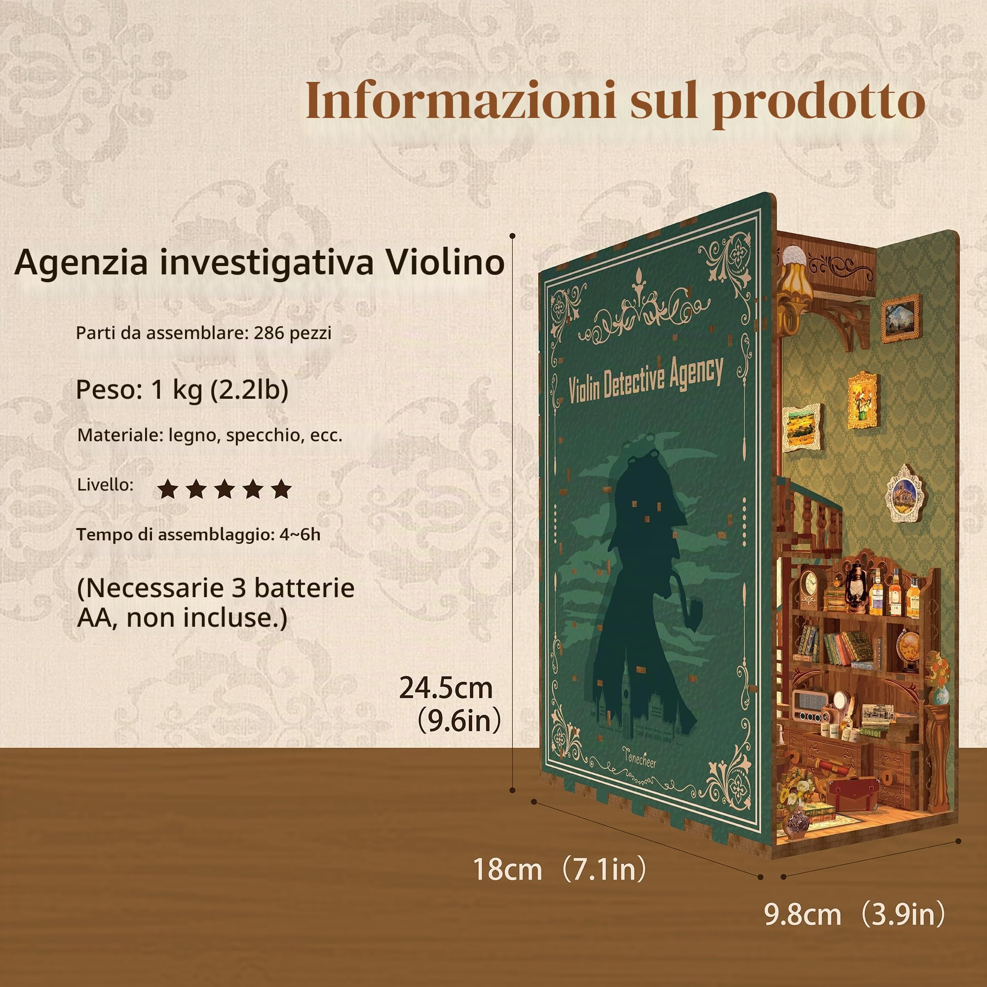 Tonecheer 3D Puzzle DIY Book Nook Kit, Creative Bookend Stand con sensore corpo LED Luce, Libreria Inserto Decor Compleanno (Violin Detective Agency)
