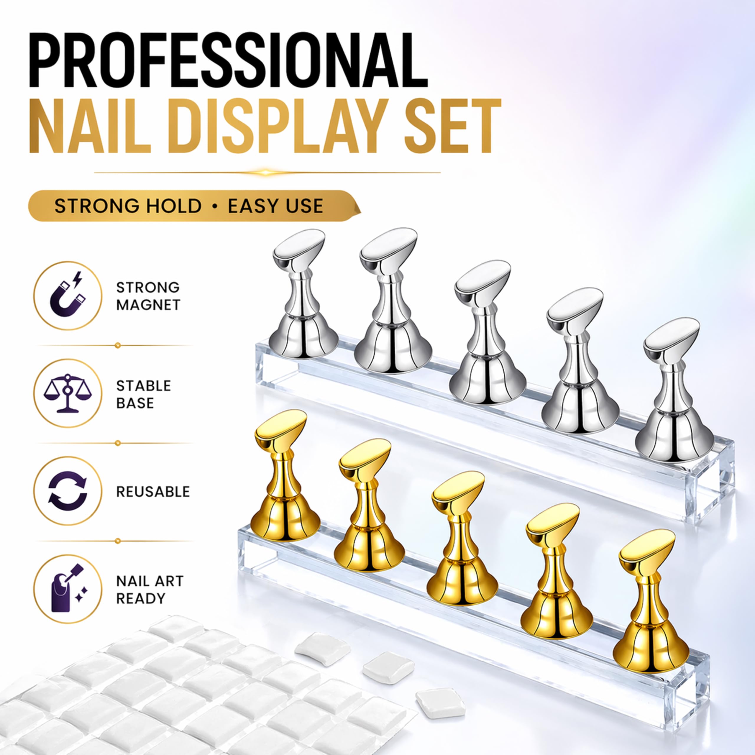 2 Set Acrylic Nail Practice Stand Magnetic Nail Tip Art Display Stand Holder Manicure Tool with Reusable Adhesive Putty Clay for Home Salon Makeup 3