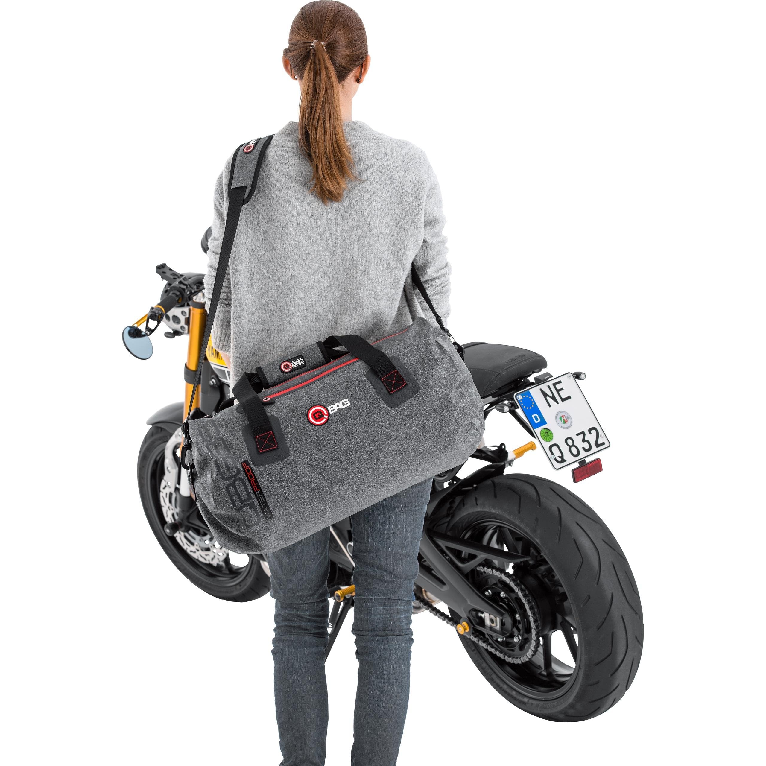 QBAG Hecktasche Motorrad Motorradtasche Hecktasche/Gepäckrolle wasserdicht 10, Netzinnentasche, inklusive anklickbaren Schultergurt, widerstandsfähig, reißfest, Grau, 35 Liter