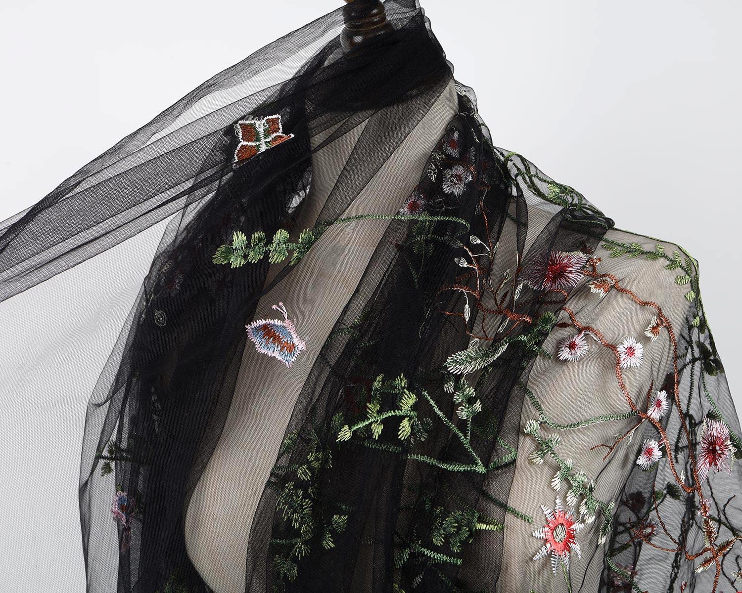 sheer embroidered dress fabric Amazon.com: Exquisite Floral Embroidered Lace Fabric Flower Plant Tulle for  Sewing Dress Gown Overlay Curtain Embellishment, 60 Inch Wide (2 Yards  Precut, Black Background)