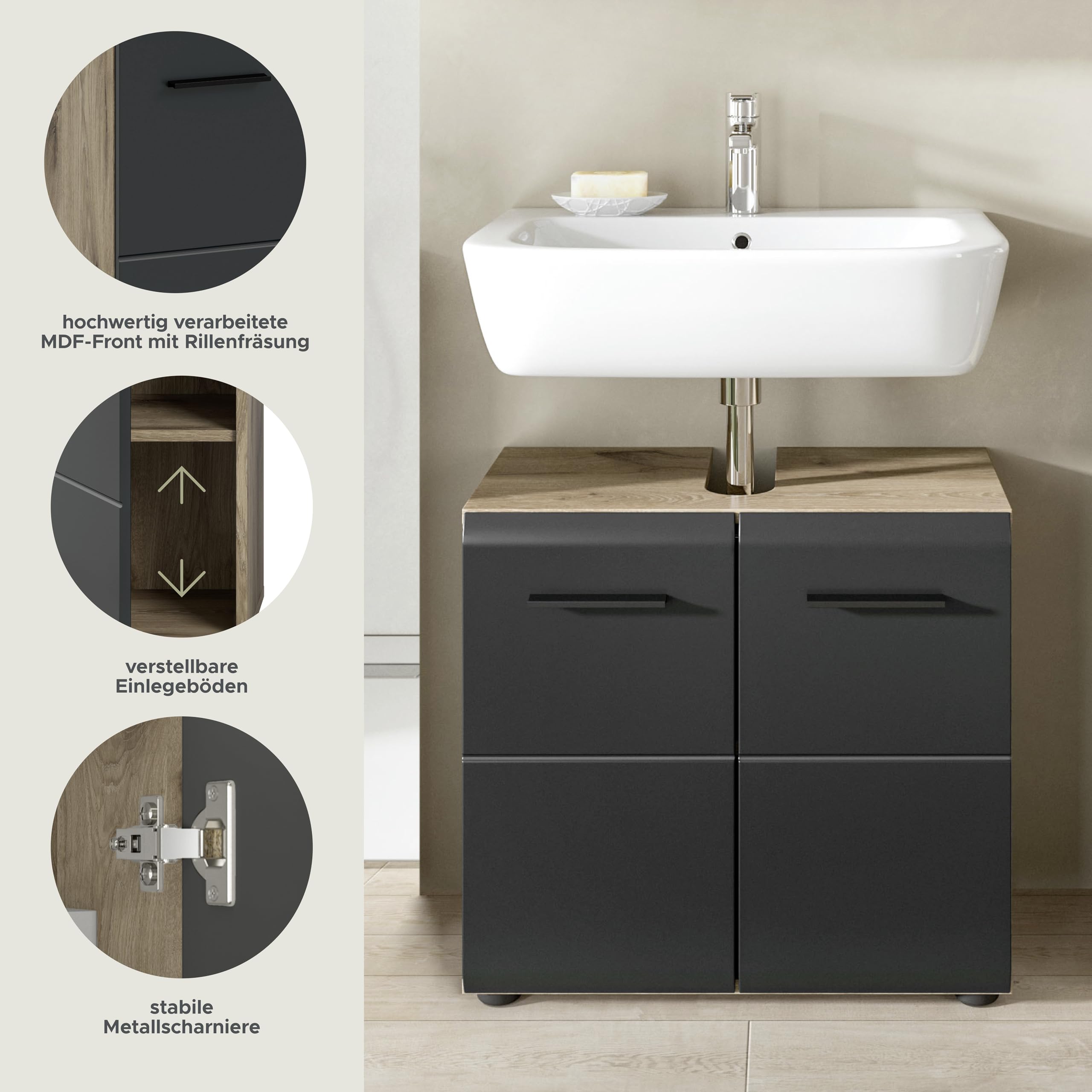 xonox.home – Waschbeckenunterschrank Ice 60x54x30 cm in Korpus Nox Oak Nachbildung und Front schwarz matt – Stilvoller Unterschrank für Waschbecken – elegant & kompakt