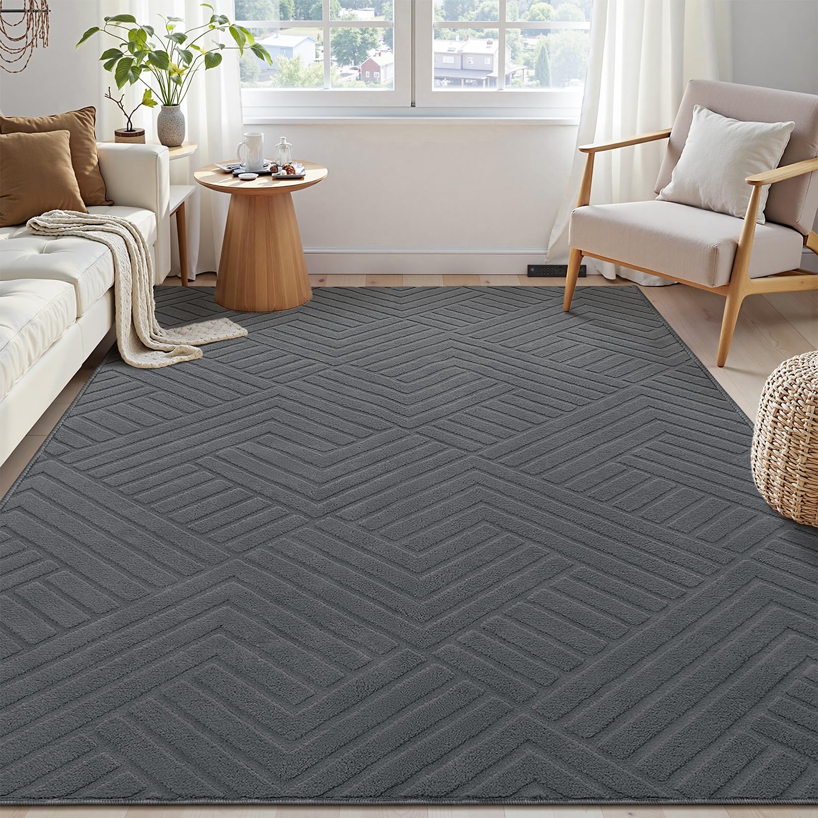 Enyhom Teppich Wohnzimmer 160 x 230 cm Grau - Moderner Kurzflor Waschbar Teppich - 3D Effekt rutschfest Teppiche für Schlafzimmer, Esszimmer, Kinderzimmer - Skandinavische Boho Geometrisch