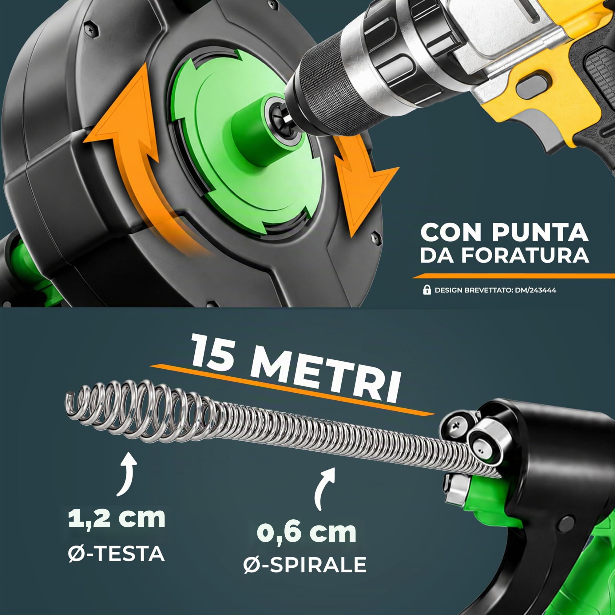 Meisterfaktur Sonda Sturatubi per Pulizia [15M] - Funzione Automatica - Molla Stura Tubi Ideale con Alimentazione Automatica - Sonda Idraulica Stura Lavandini e Scarichi per Amanti del Fai da Te!