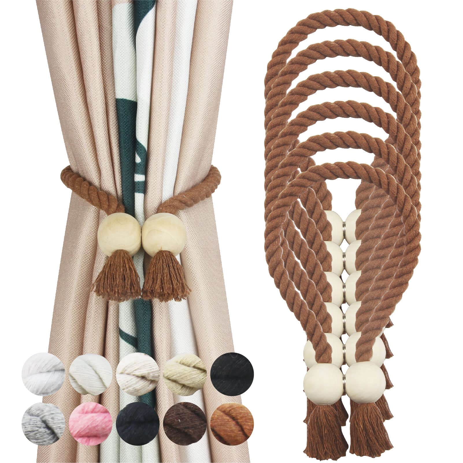 Magnetische Raffhalter aus Baumwolle, handgewebt, dekorative Raffhalter für Vorhänge, mit robuster Holzschnalle, kein Werkzeug erforderlich, Khaki, 6 Stück