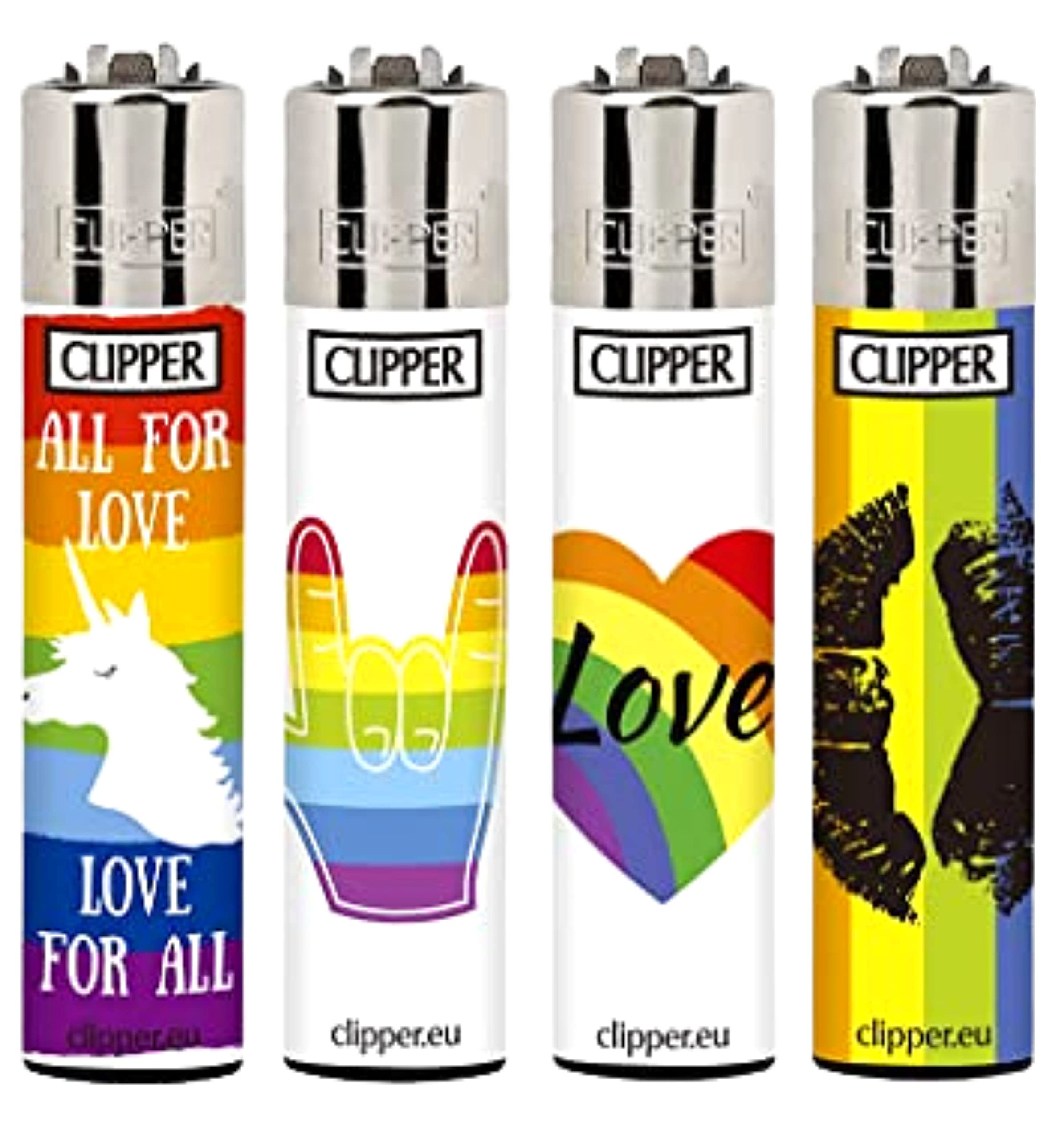 Zactly - Set of 4 Clipper Lighters, Various Designs, Regular Refillable Standard Size Lighter Replaceable Flint (Pride #2)