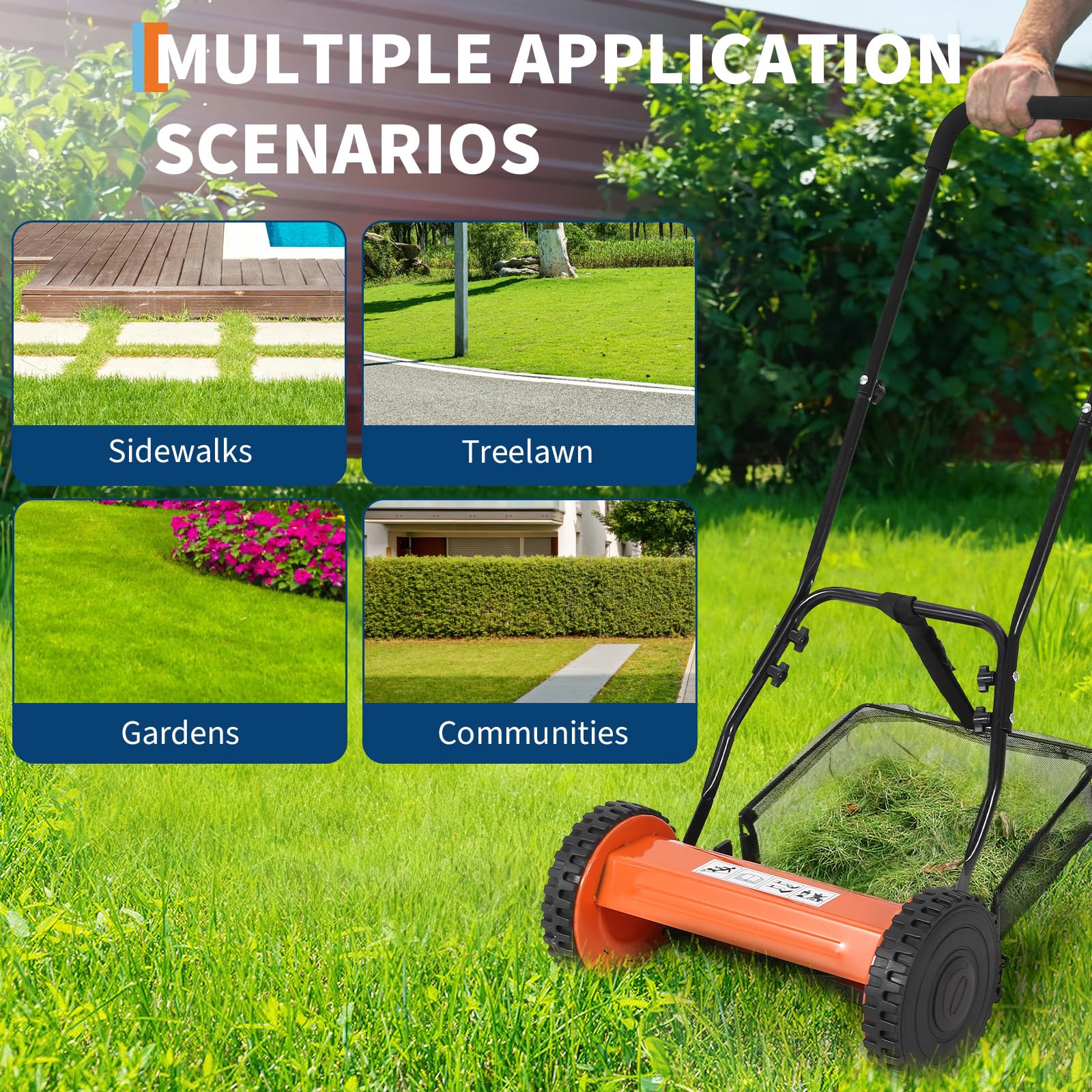 Garvee Cortacésped Manual de Acero al Carbono con Ancho de Corte de 35 cm, Altura Ajustable y Recogedor, Segadora Helicoidal Silenciosa para Jardines Pequeños y Medianos, Naranja, Durabilidad Superior