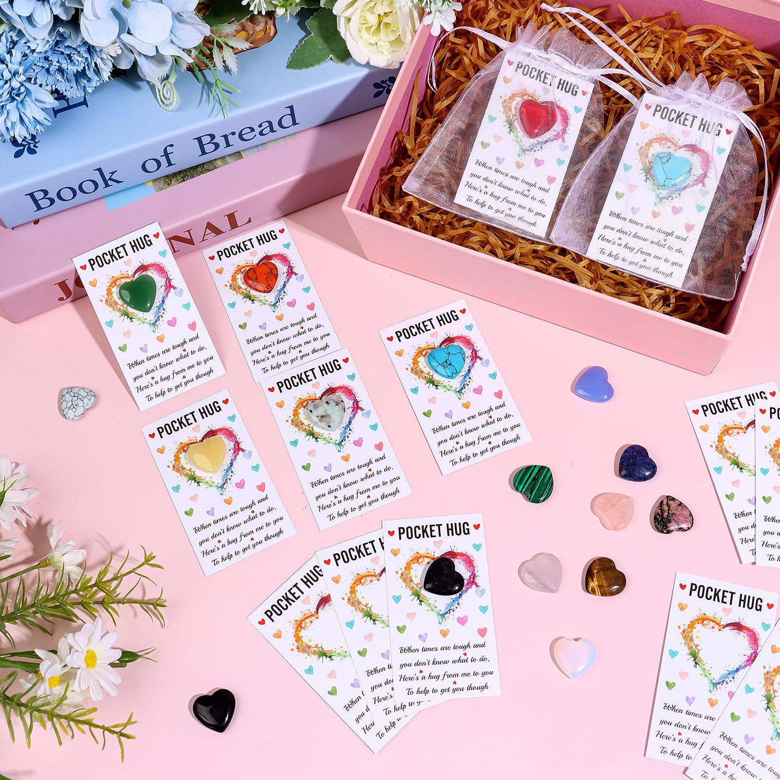 RUIYELE 18 Sets Pocket Hug Gift Pocket Hug Token Bulk Natural Heart Crystals with Hug Cards Organza Bags Inspirational Greeting Cards Exchange Gift for Women Friends Colleagues Family - Image 3