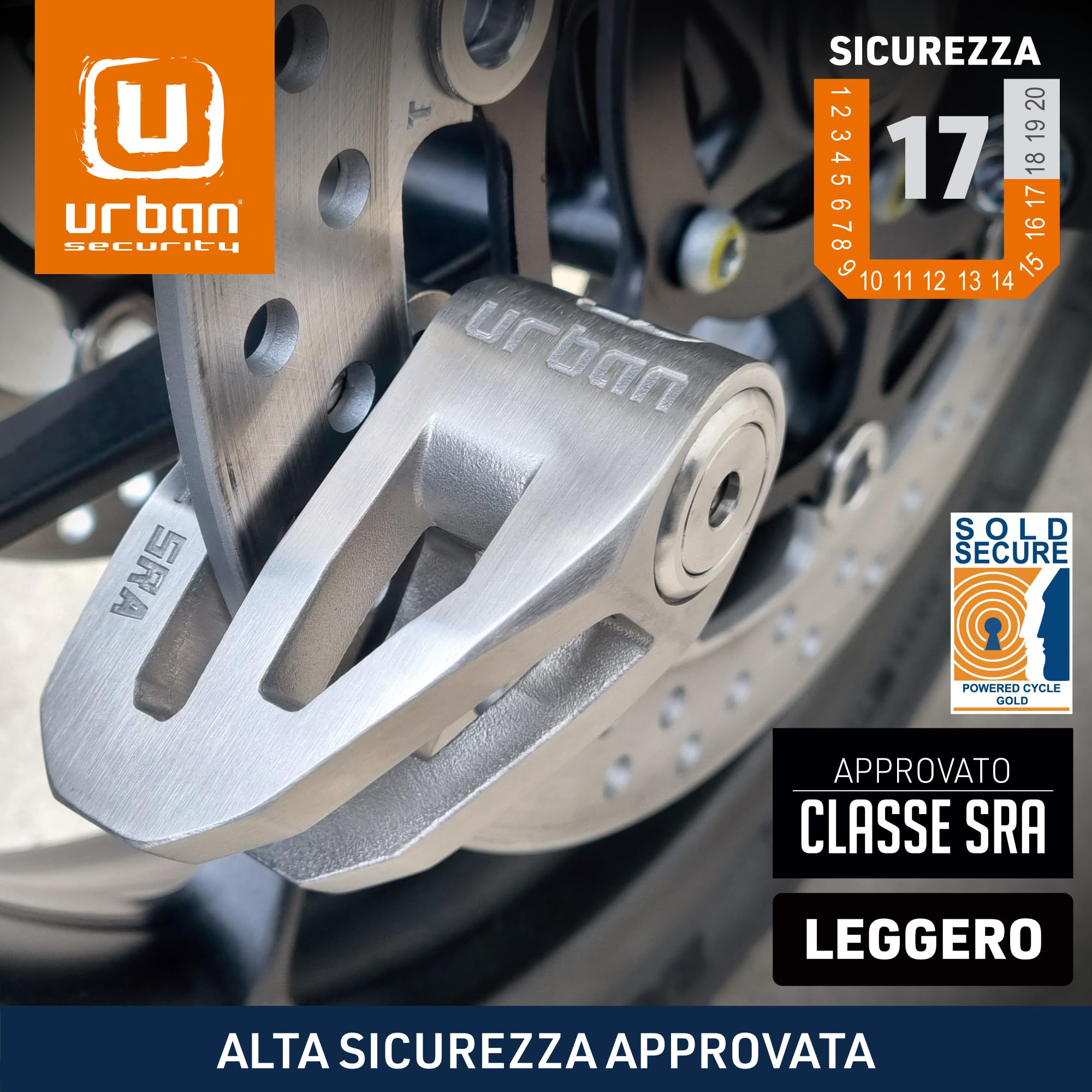 URBAN UR210S Blocca Disco per Moto, Omologato SRA, Antifurto Moto Serratura Alta Sicurezza, Esclusivo Design Acciaio Inossidabile Lucidato, Doppio Bloccaggio Ø10, Lucchetto Bloccadisco Scooter