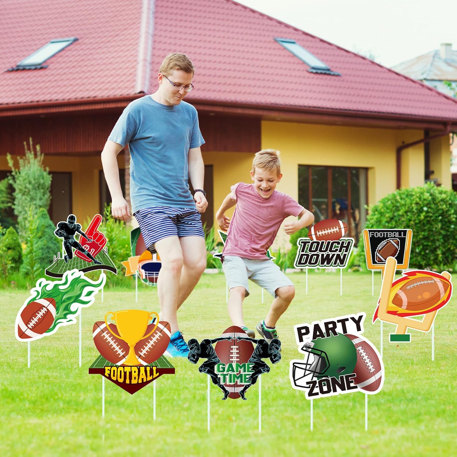 DoubleFill 10 Pcs Football Yard Sign with Stakes Sports Yard Decorations Footballs Outdoor Lawn Decorations Sign for Sports Themed Birthday Baby Shower Game Day Team School Practice Party Supplies