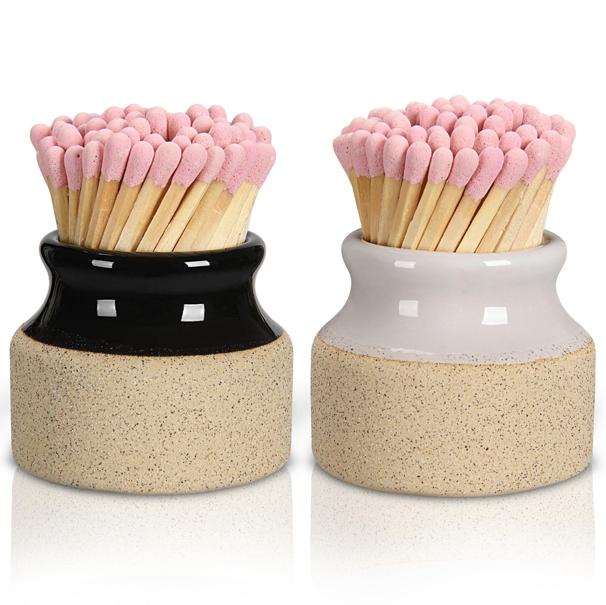 Fymlok One Color Match Jar Set Of 2Decorative Match Holders With Striker - Black And White - Handmade Ceramic Matchstick Jars To Light Candles, Incense, Or Fireplaces
