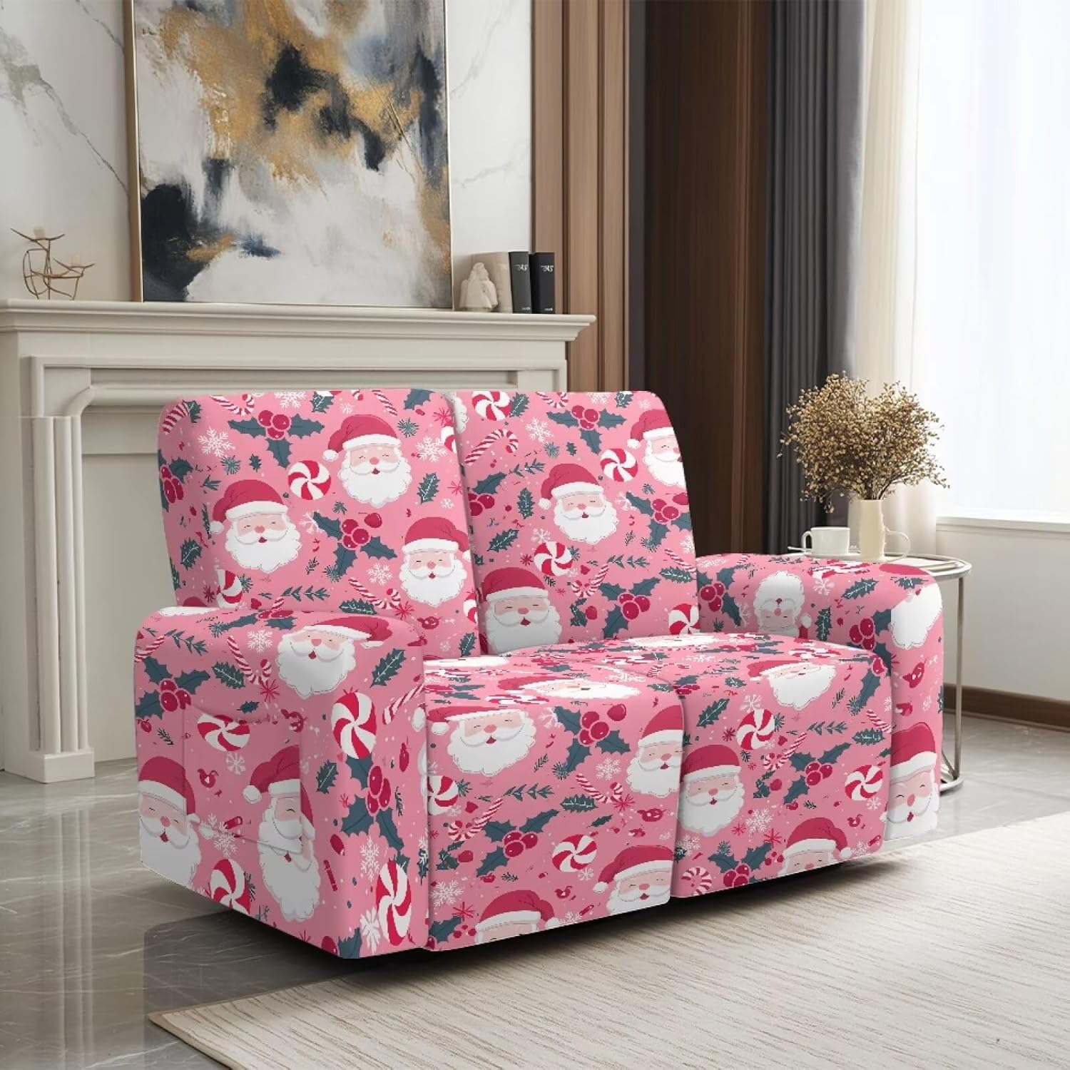 Loveseat Recliner Slipcovers, Santa Claus Stretch 2 Seater Loveseat Recliner Sofa Covers Elastic Polyester Couch Cover with Pocket Easy to Install Machine Washable Pink