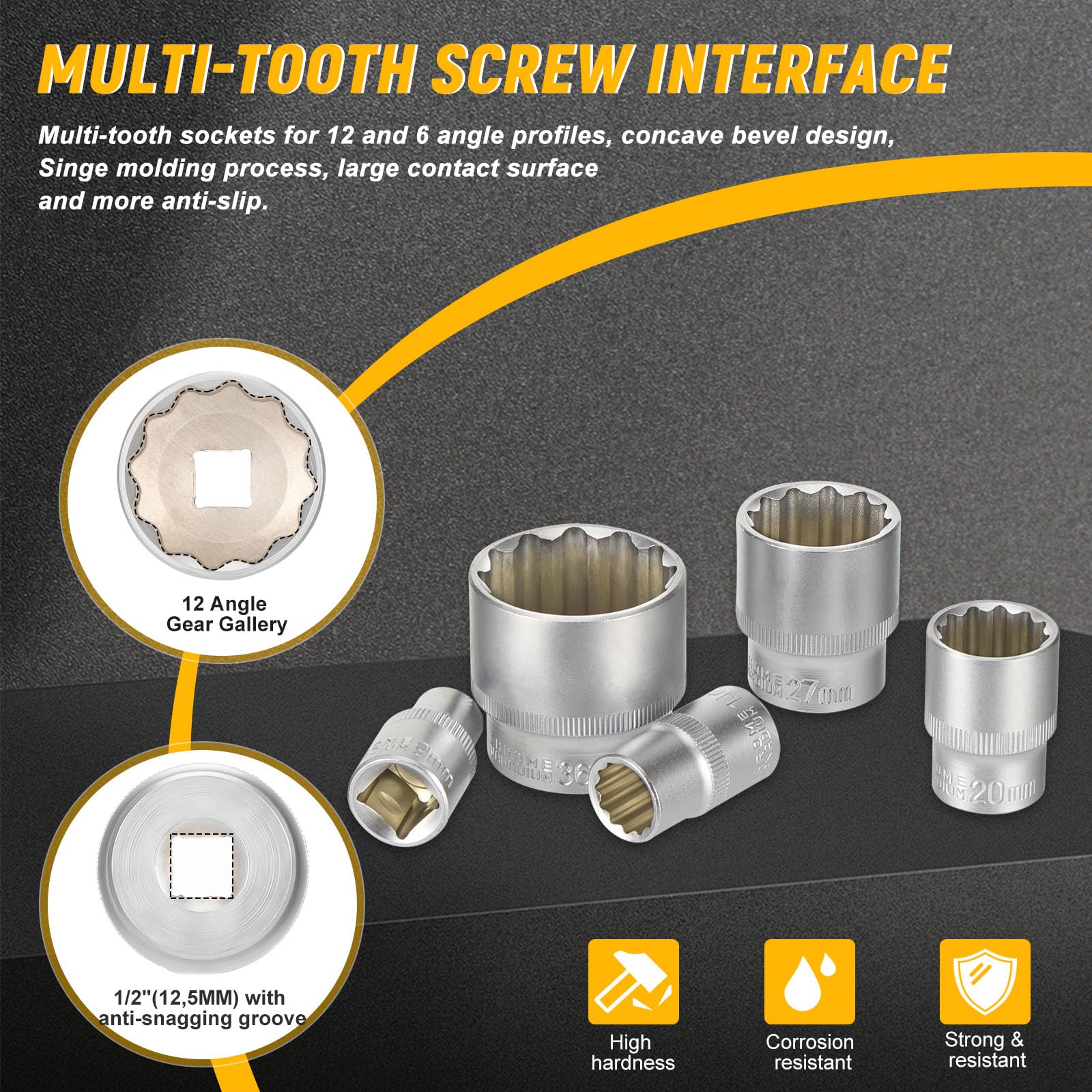 Gueenky 21 Piece Multi-Tooth Socket Set, 8-36 mm Torx Female Sockets 1/2 Inch 12 and 6 Point Profile, Multi-Socket Wrench Set CR-V - Image 3