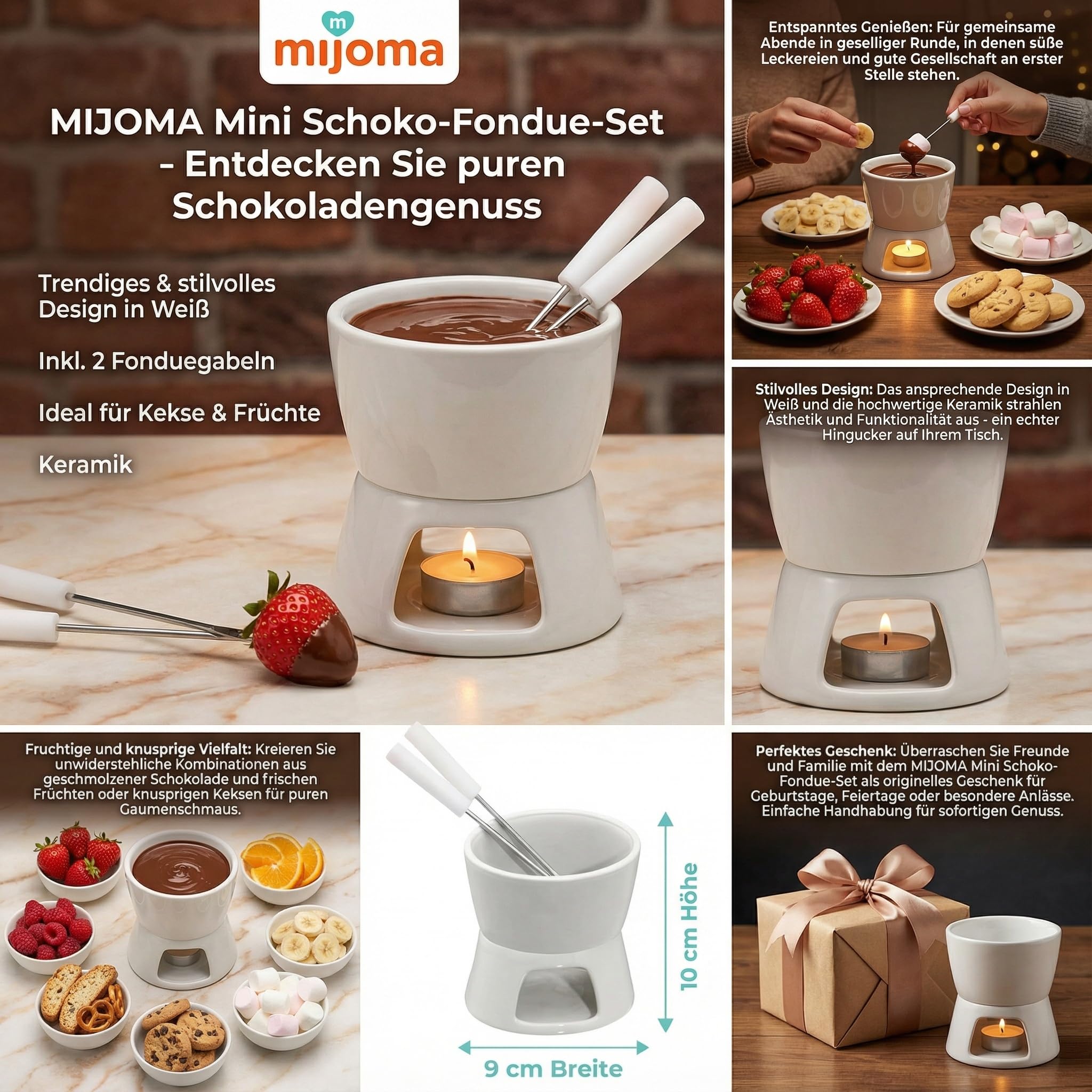 MIJOMA Mini set per fonduta di cioccolato – Scopri il puro piacere del cioccolato – Design alla moda ed elegante in bianco, con 2 forchette per fonduta, ideale per biscotti e frutta, ceramica, 10 x 9