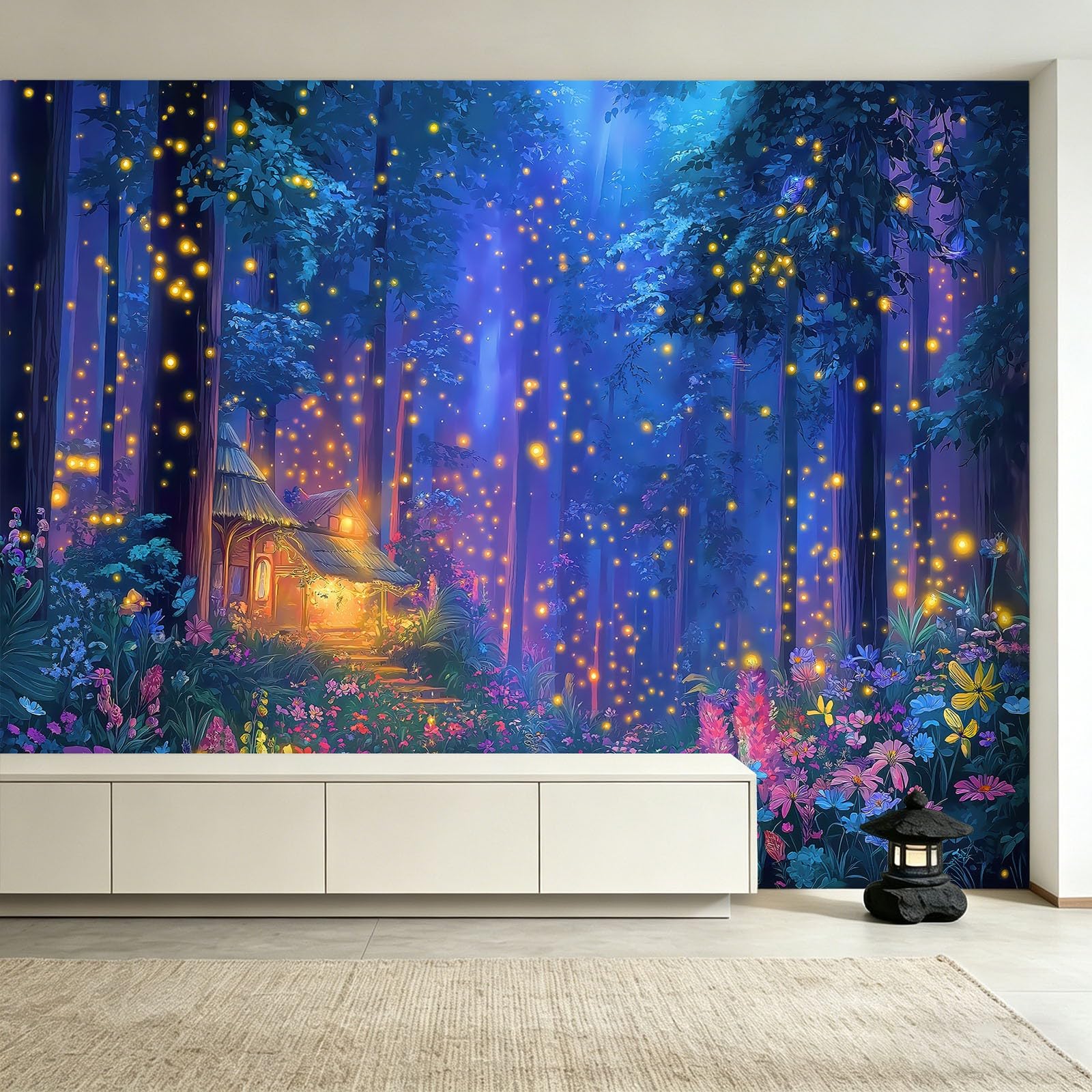Générique Tapeta 3D las świetliki model chaty, panoramiczna tapeta 200 x 140 cm - do salonu sypialnia łazienka i kuchnia dekoracja ścienna plakat, fantazyjna scena nocna
