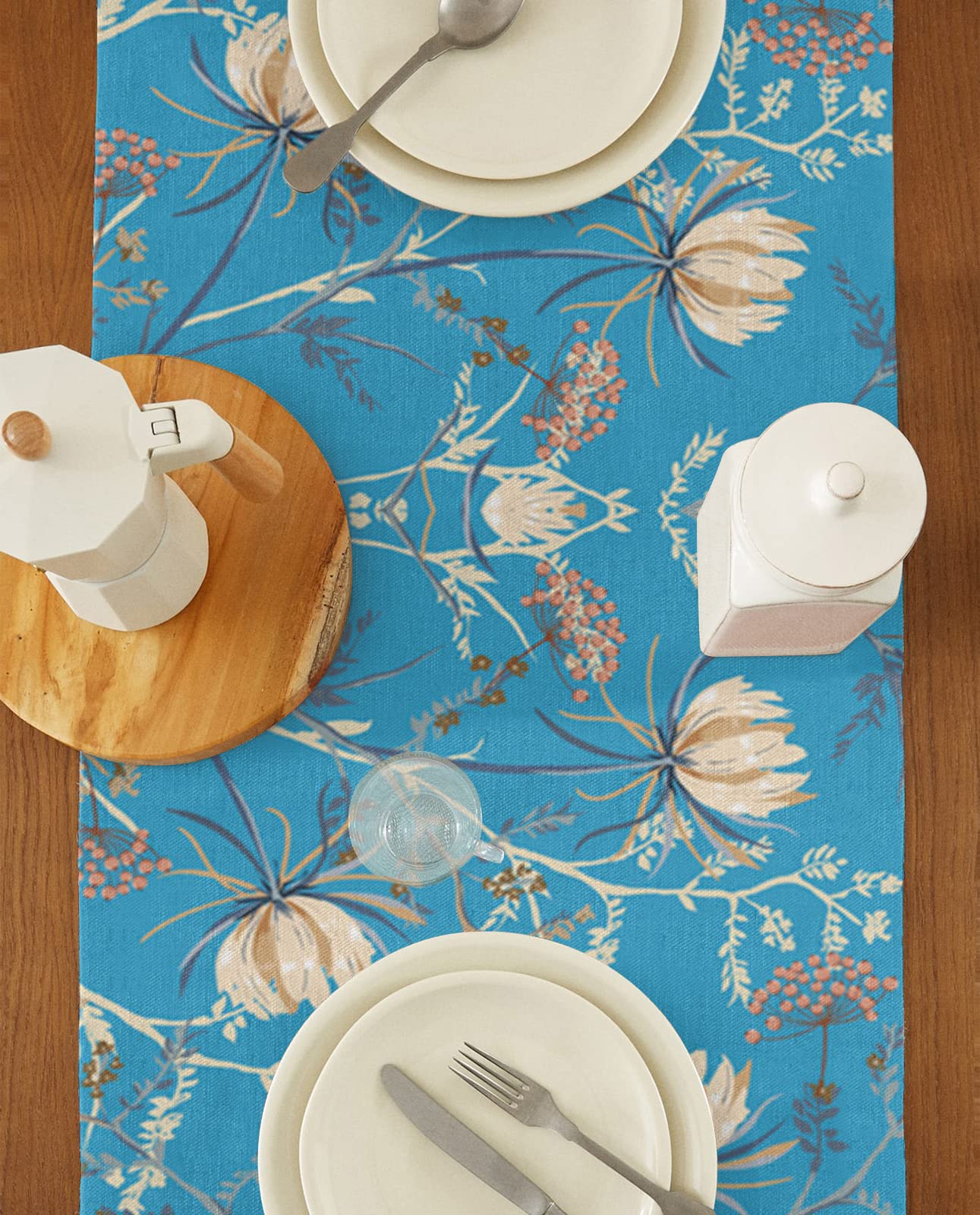 Tafelloper Lake Blue Flower Tafellopers Polyester Wasbare Home Tafel Decoratie voor Eetkamer Kantoor Keuken Bruiloft Hotel Binnen en Buiten Feesten 13 x 90 (33 x 229cm