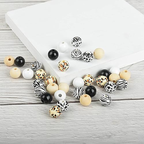 Miniatura 7 de Juego de 240 cuentas de madera de cebra de vaca de leopardo de 0.630 in, cuentas de madera de granja blancas y negras, cuentas redondas con