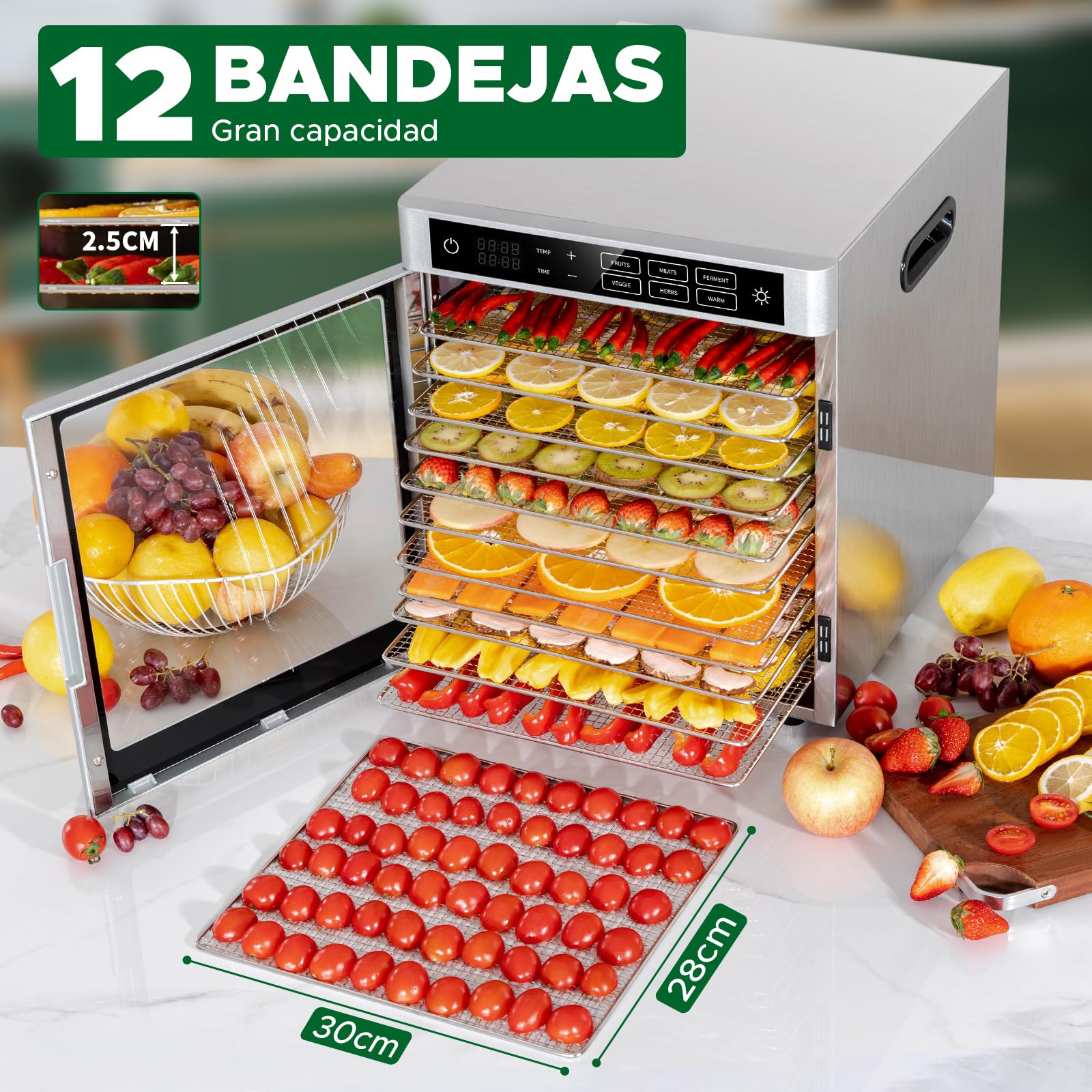 Kwasyo Deshidratador de Alimentos Acero Inoxidable 12 Bandejas, 6 Funciones Preestablecidas, Deshidratador de 800W, 6 Tapetes de Silicona, 2 Tarros, 2 Bandejas para Rollos de Frutas, Receta Incluida