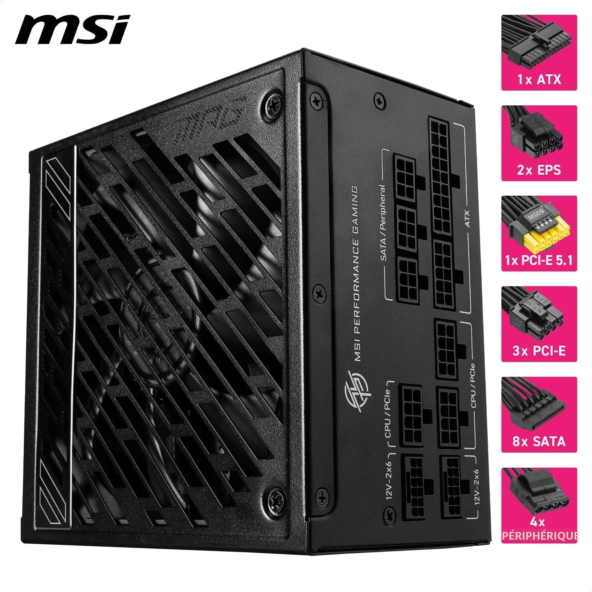 MSI MPG A850GS PCIE5 Bloc d'alimentation Prise EU, 850W, Certifié 80 Plus Gold, ATX 3.1, Compatible PCIe 5.1, Deux câbles 12V-2x6 natifs avec connecteurs Bicolores, ATX, câbles à Gaine gaufrée