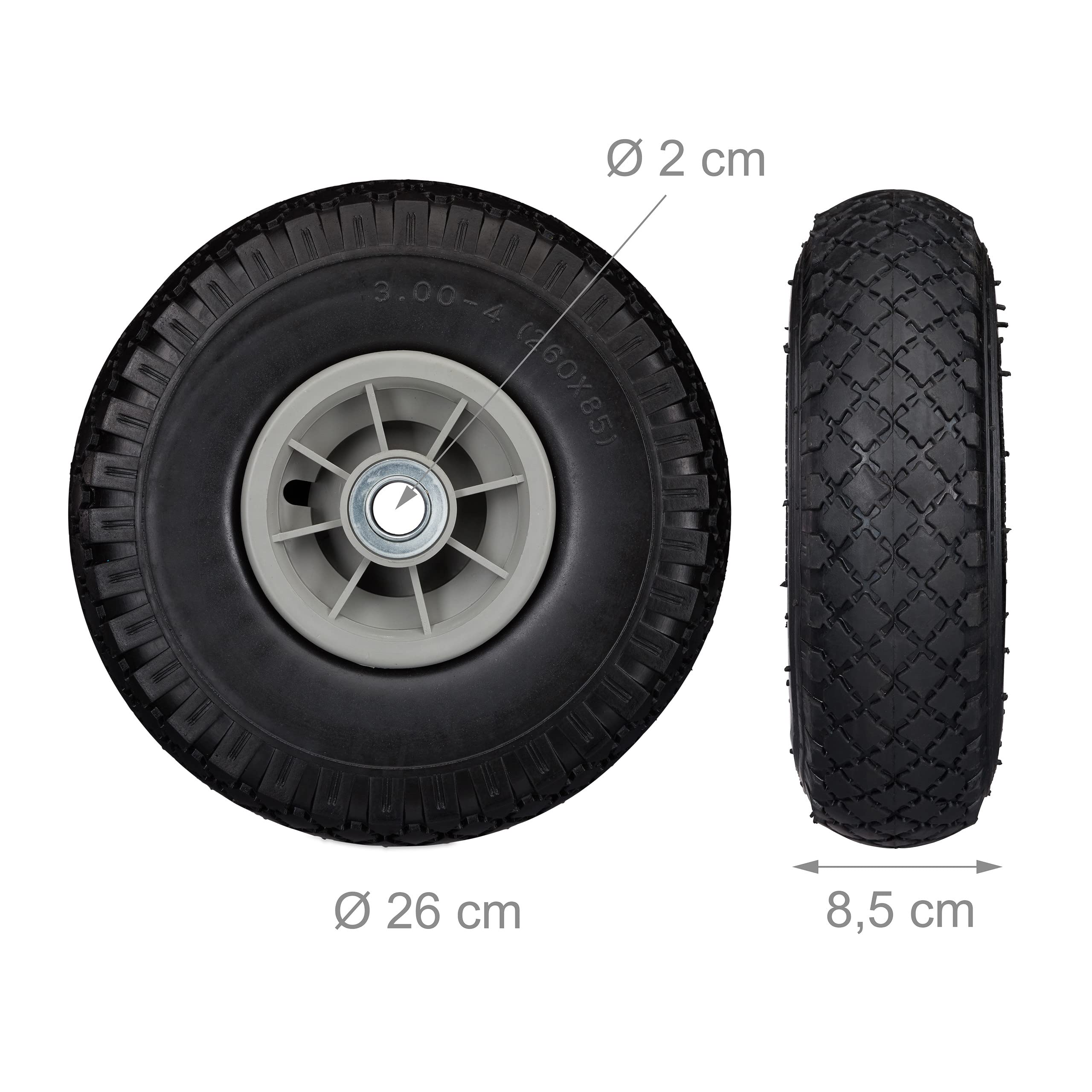 Relaxdays 4 x koło do wózka transportowego, odporne na przebicie opony z pełnej gumy, 3,00-4", oś 20 mm, do 80 kg, koło zapasowe 260 x 85 mm, czarno-szare