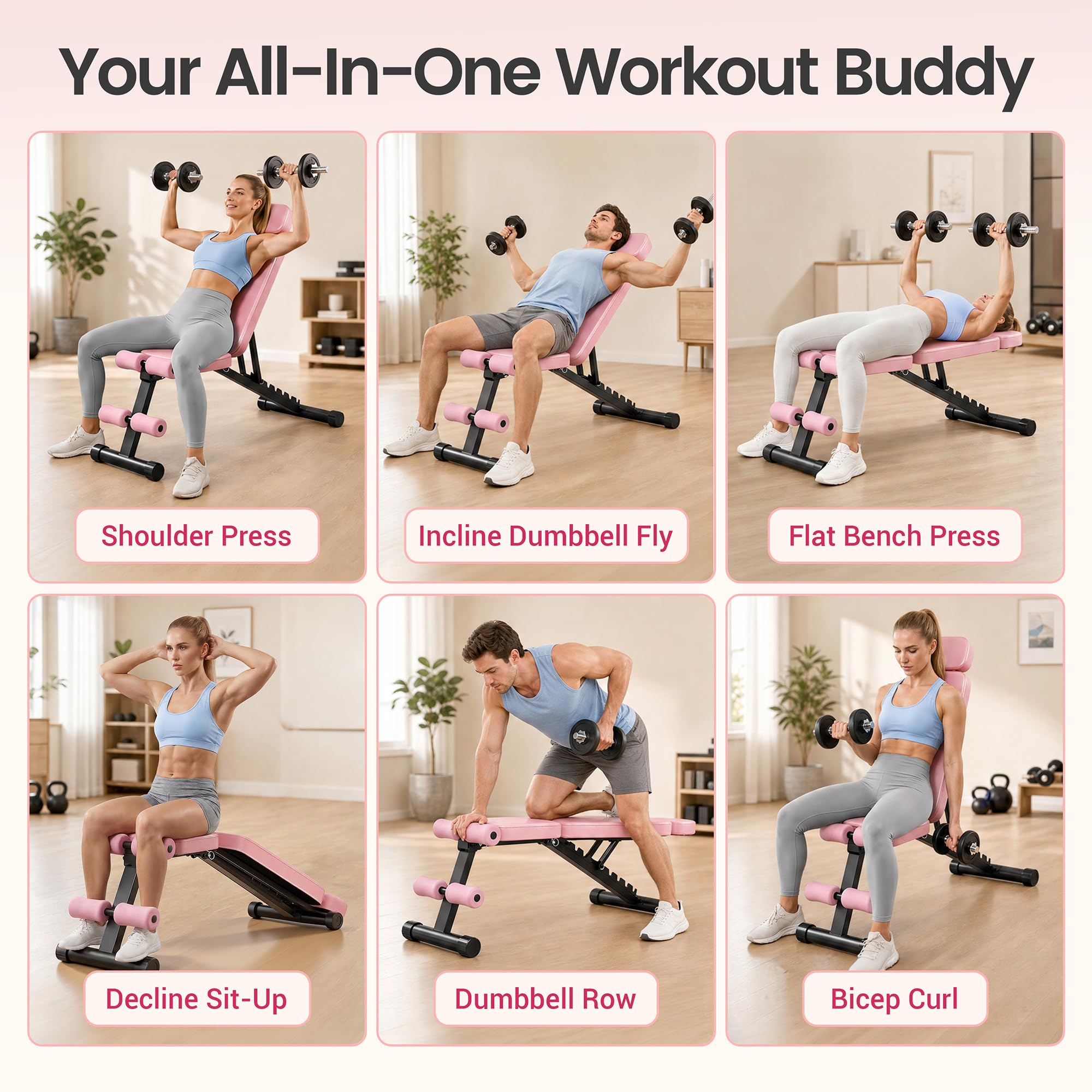 Foldable Weight Bench 800LBS, Adjustable Workout Bench with 10 Backrest Positions & Extended Headrest, Incline Decline Flat Bench Press for Home Gym Small Space Strength Training