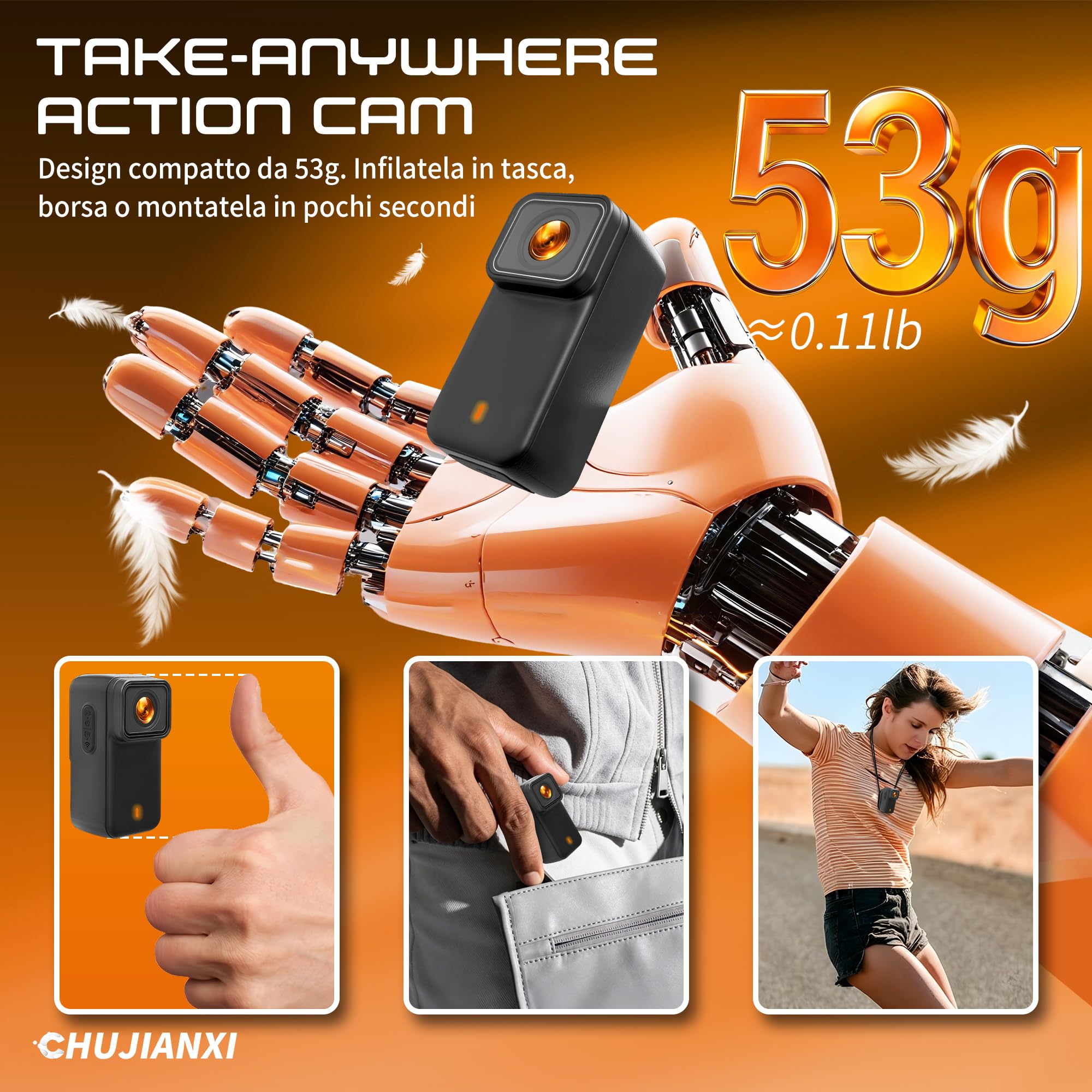 Mini Action Cam 4K, Action Cam WiFi Impermeabile Professionale | Bodycam Magnetica, Telecamera Indossabile, Mini Action Camera per Casco Moto Sci Bici Equitazione MTB Calcio Corsa