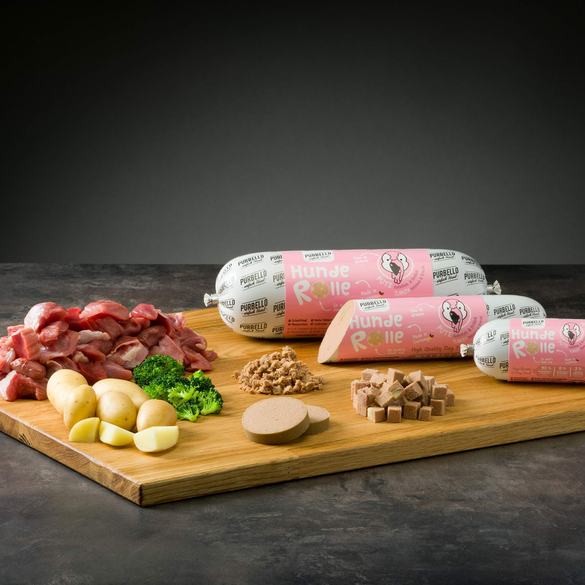 PURBELLO Rotolo di Tacchino con Broccoli e Patate, monoproteina, ad Alta Percentuale di Carne, per Cani, Resistente al Taglio e Senza Cereali, 8 x 800 g