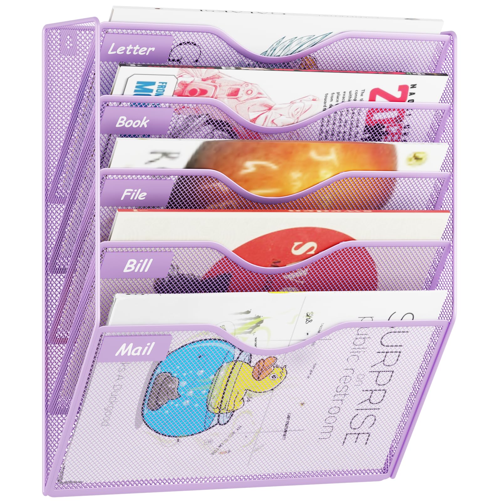 5 Pockets Hanging Wall File Organizer Mail Holder, Wall Mounted Paper Document Folder Holder, Clipboard Storage Organization Magazine Rack, Light Purple