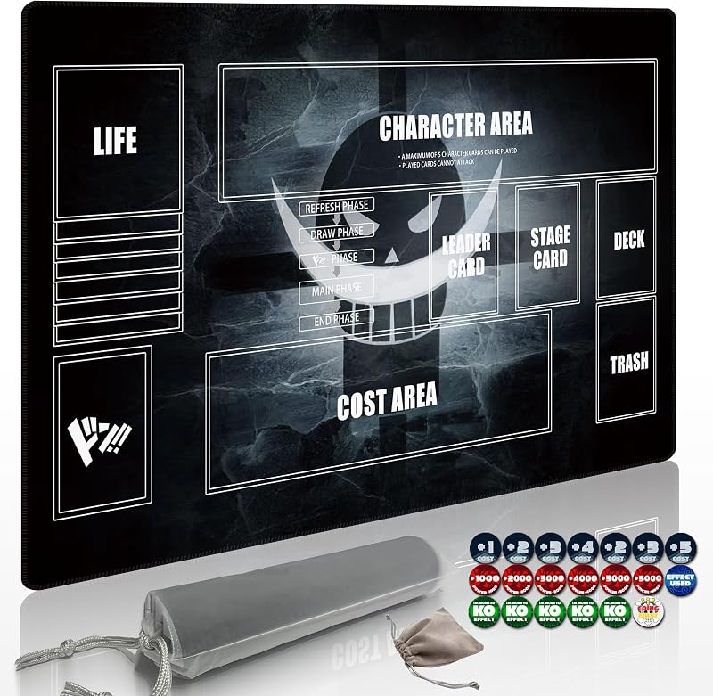 Playmat for One Piece Card Game (24x14 Inches): with Non-Slip Rubber, Zones Design, a Professional Storage Bag Included, Plus a Limited-Time Gift of a Set of 20 Damage Counters (Black2)