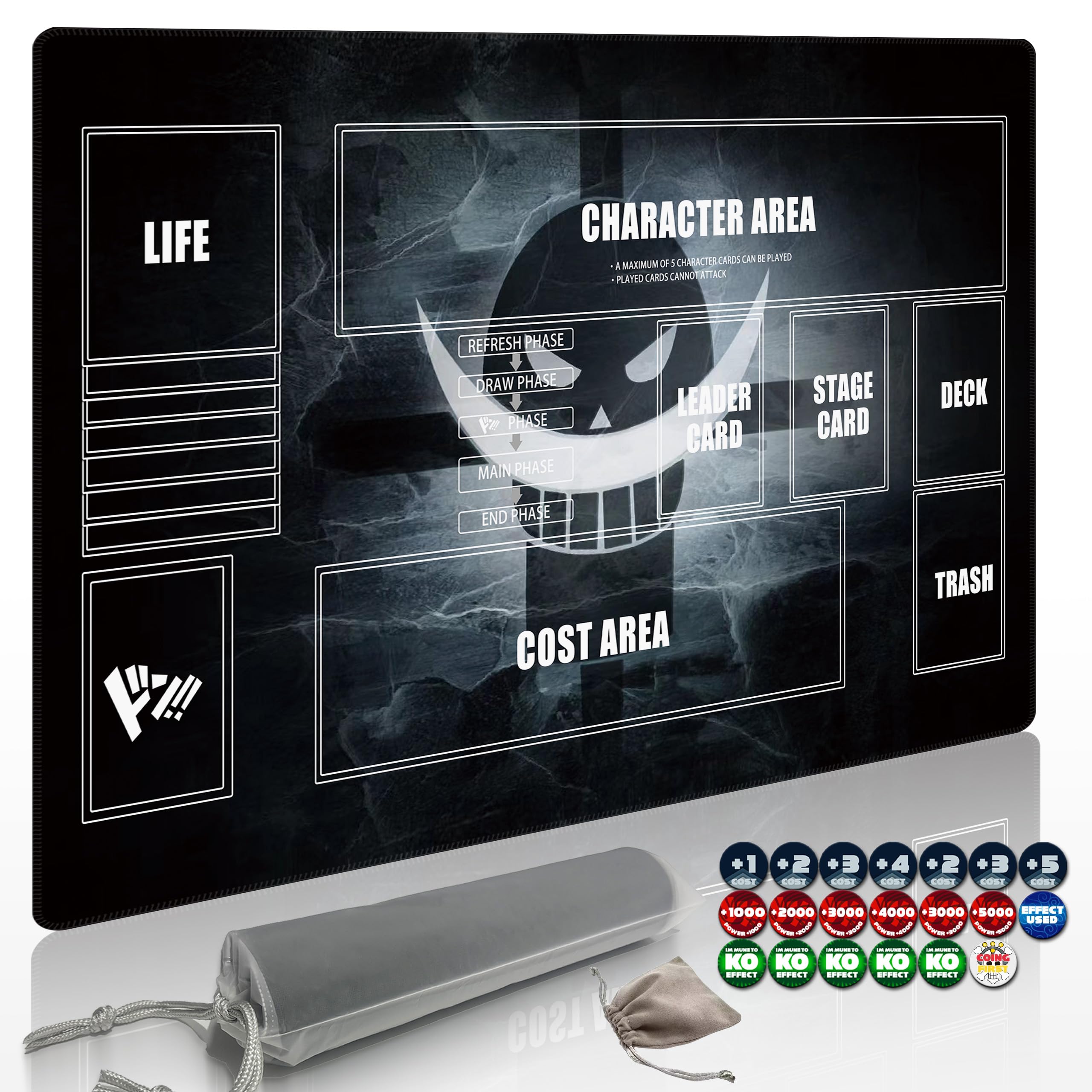Extalas Playmat for One Piece Card Game (24x14 Inches): with Non-Slip Rubber, Zones Design, a Professional Storage Bag Included, Plus a Limited-Time Gift of a Set of 20 Damage Counters (Black2) — image 1