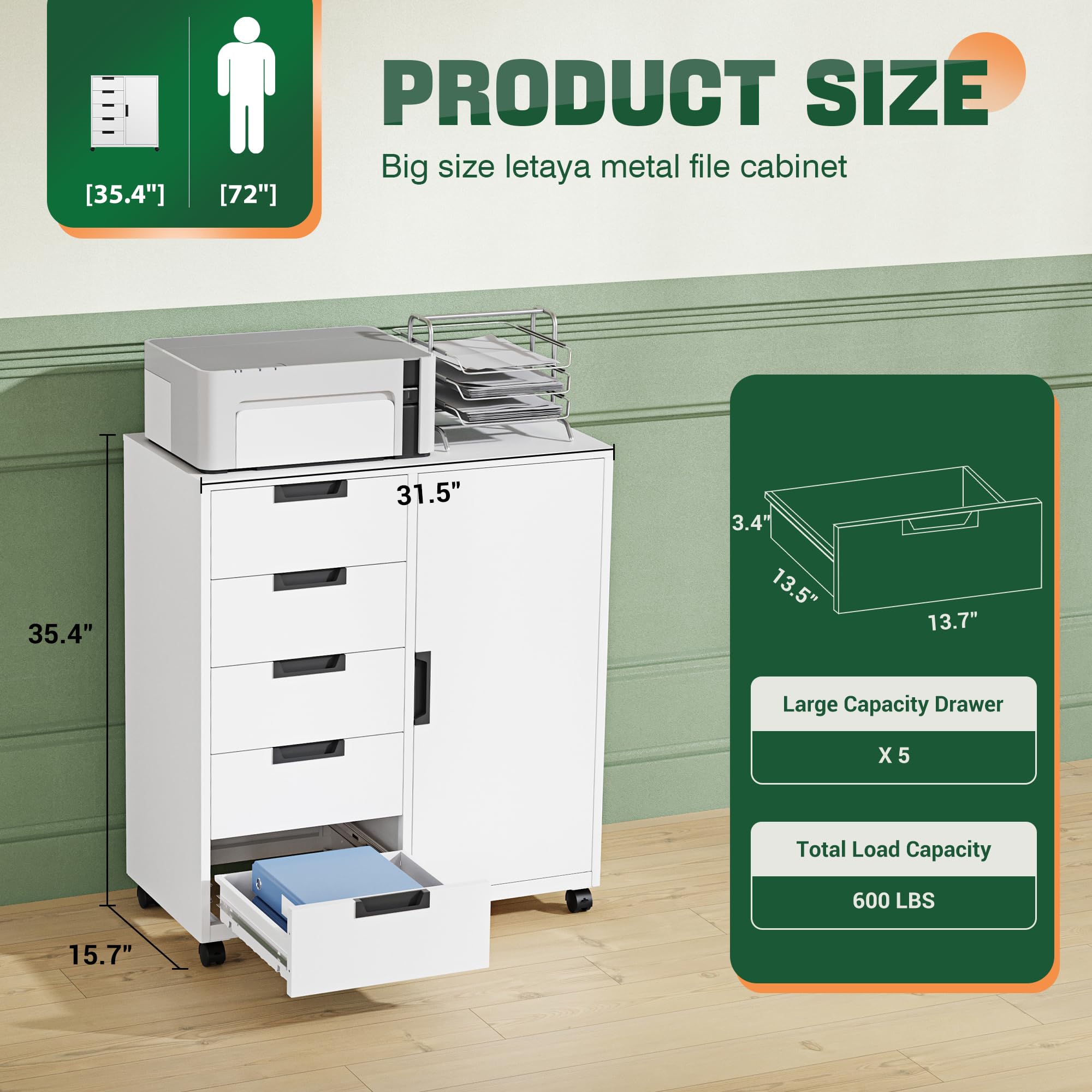 Letaya 5 Drawer Storage Cabinet, Mobile Printer Stand for Home Office,Dresser Chest with Shelves and Door(White)